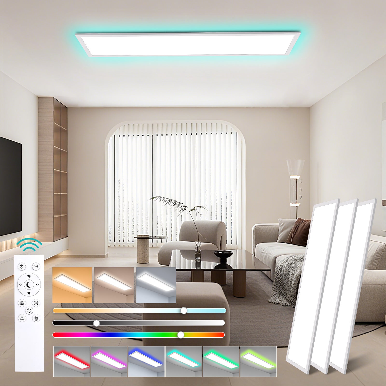 LOVHAUS 3PCS Lampa Sufitowa LED 36W Biała 120x30 cm, Panel LED Sufitowy Prostokątny Ściemniający RGB do Salonu, Biura, Kuchni Wewnętrznej z Pilotem