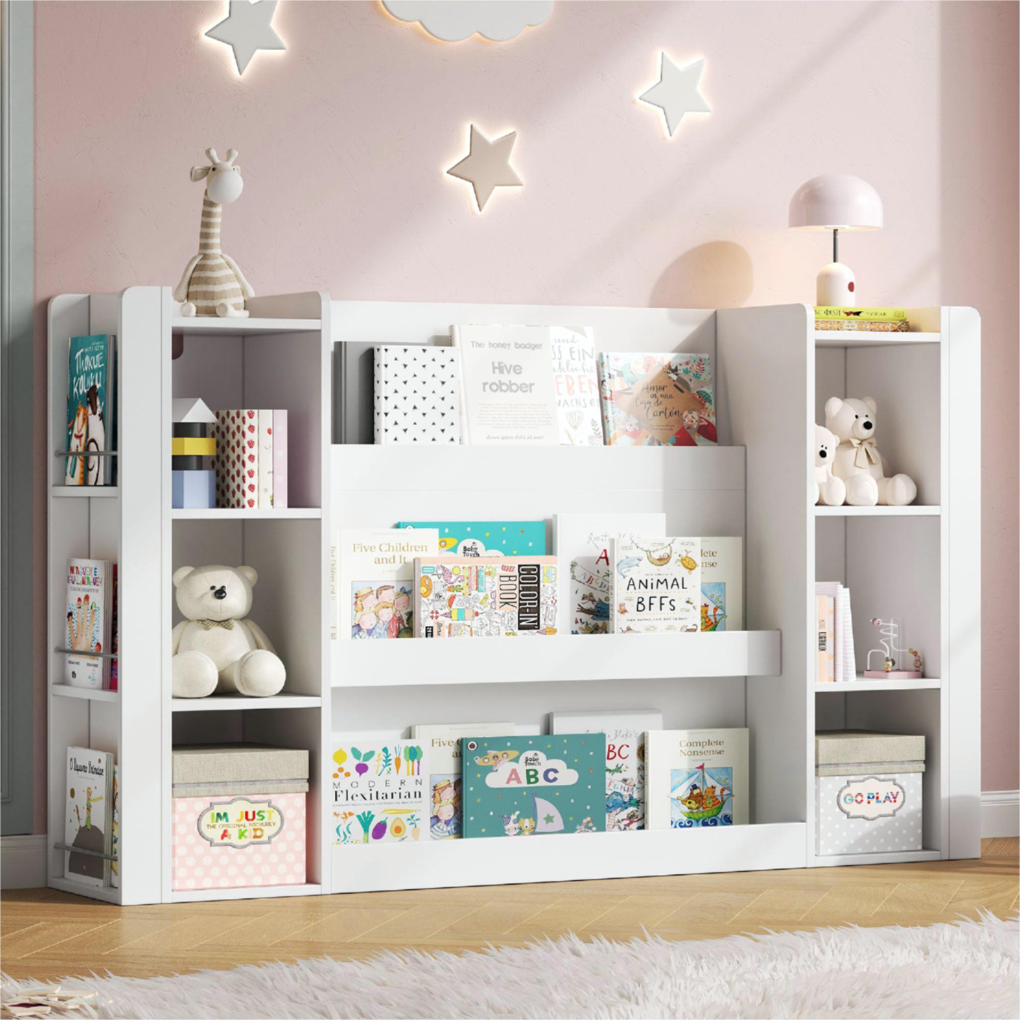 Regał z ilustrowaną półką na książki - 140 x 30 x 95 cm - MDF - Nowoczesny design - Biały