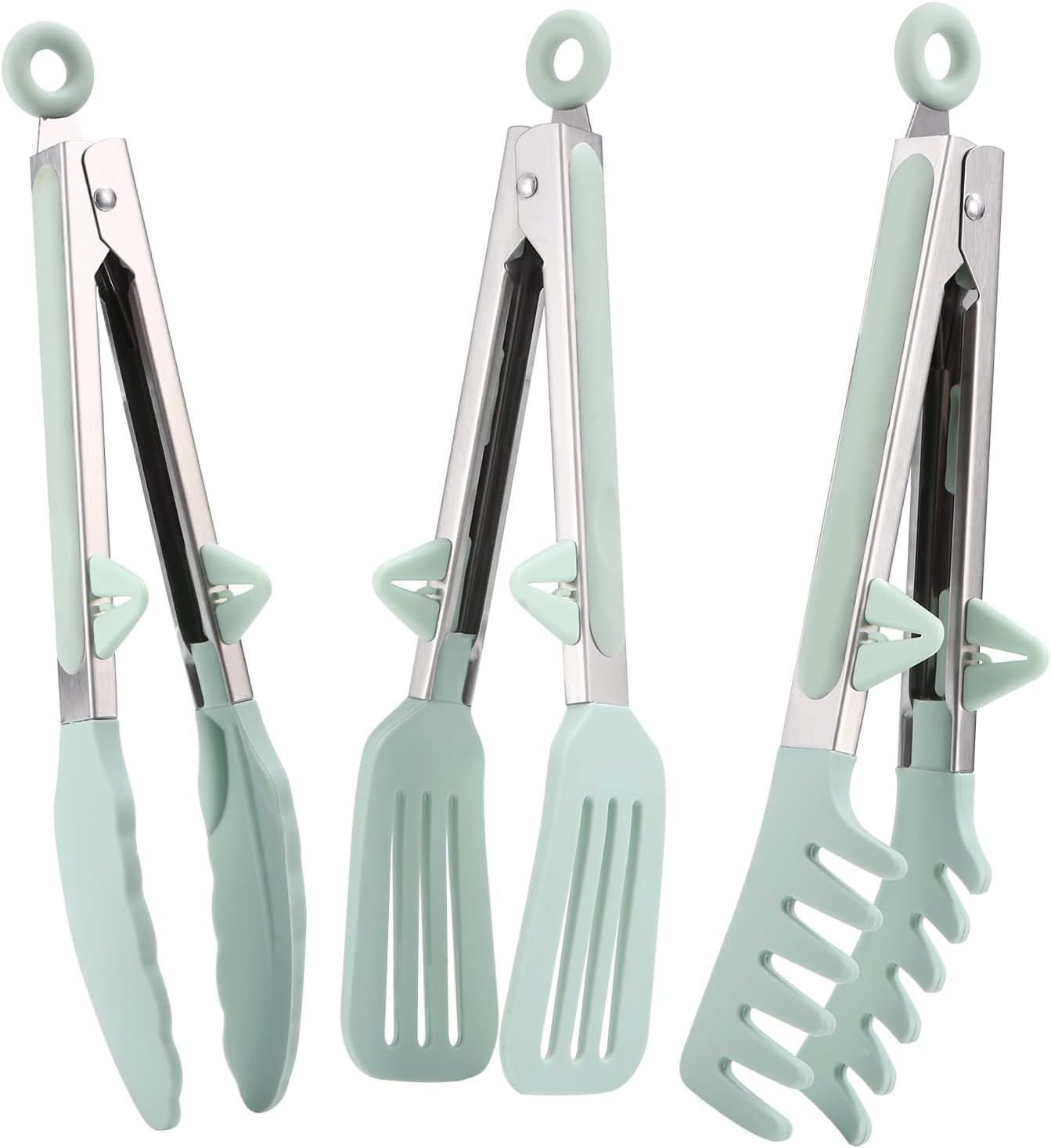 Zestaw 3 szczypiec ze stali nierdzewnej 26 cm - do żywności, spaghetti, grilla, silikonowe do sałatek, kuchenne (zielone)