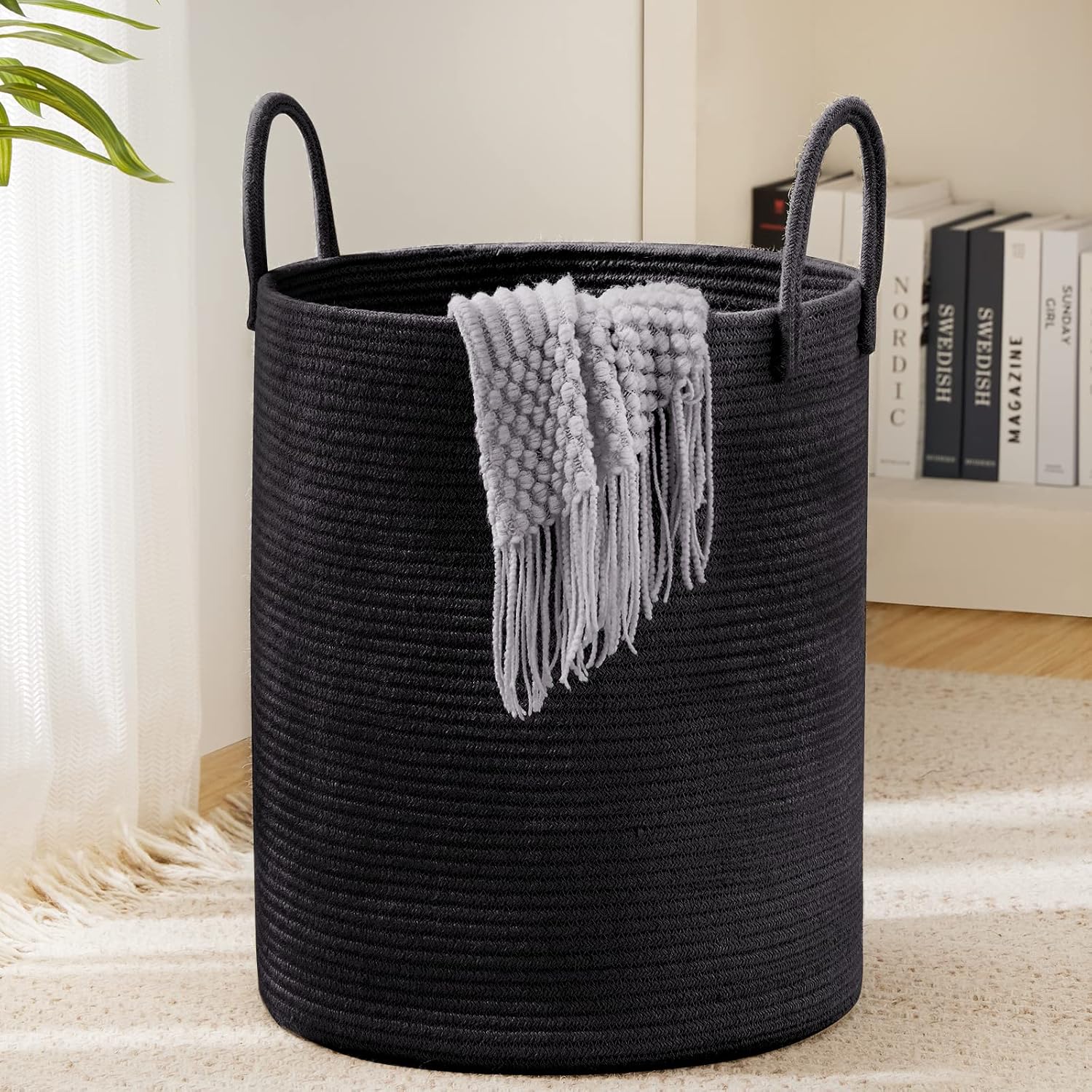 Składany kosz na pranie, duży kosz na brudne ubrania, sznurek bawełniany, 38 cm (szer.) x 50 cm (wys.), czarny