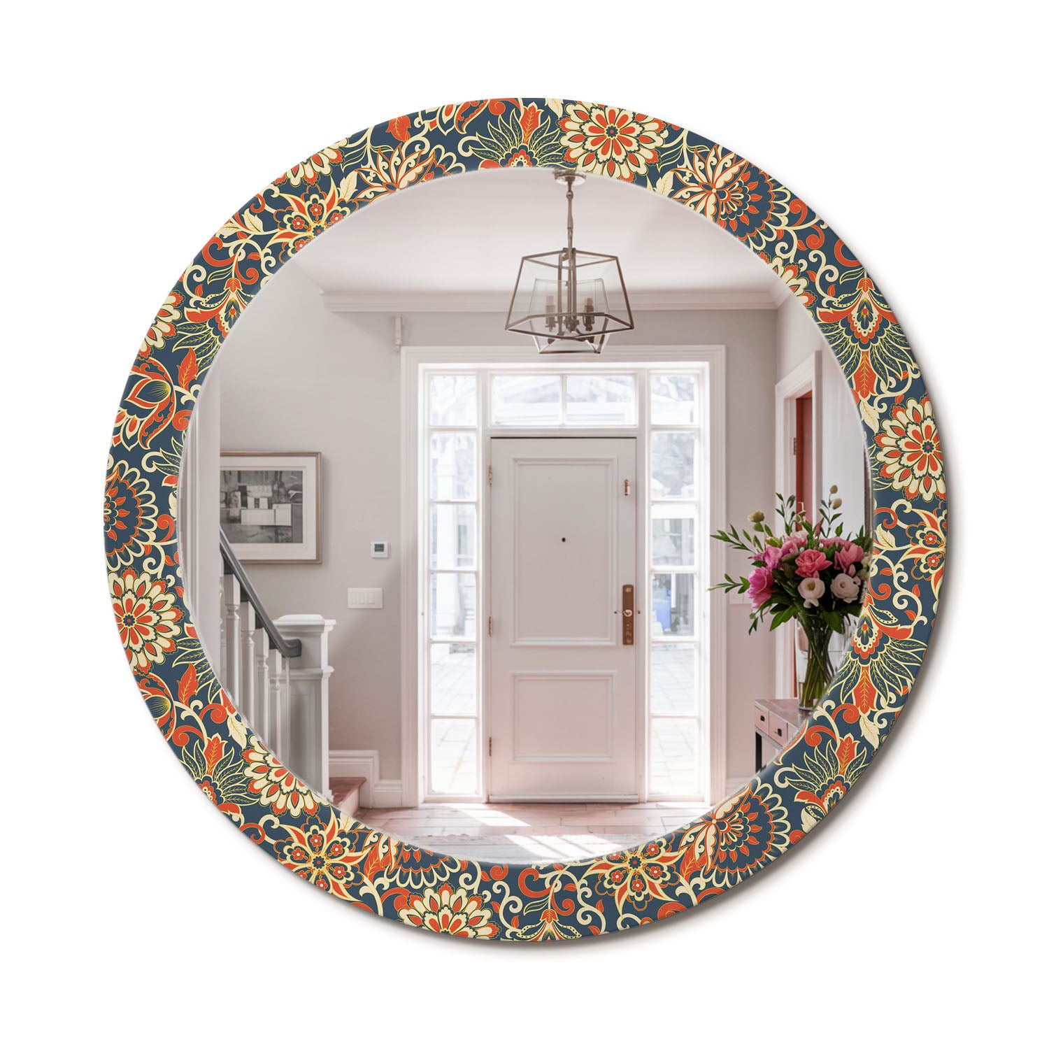 Designerskie lustro z nadrukiem, hartowane szkło, styl współczesny Retro kwiaty - 80 cm - ArtPrintCave
