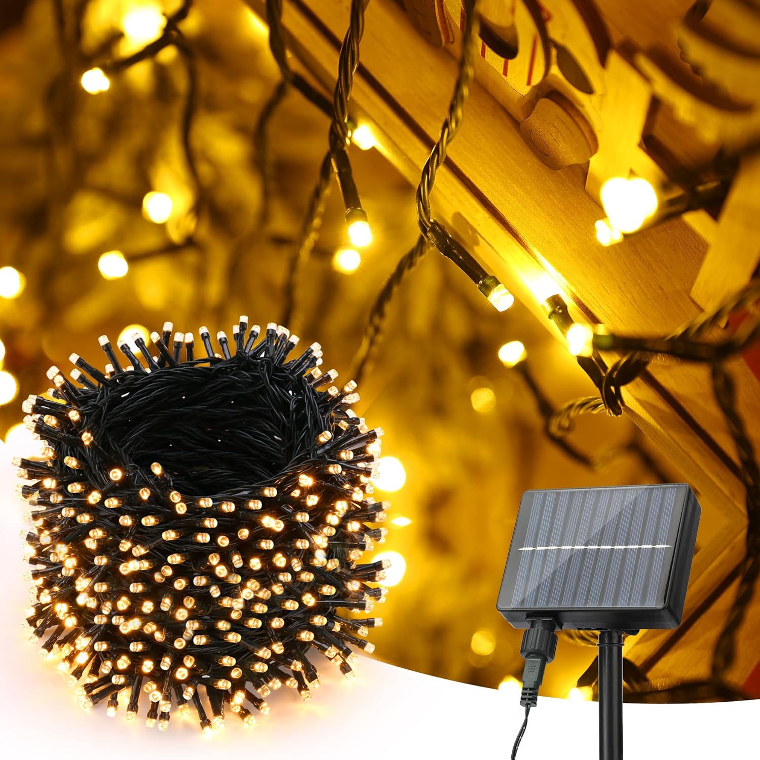 Oświetlenie solarne zewnętrzne, 52 metry, 500 diod LED, 8 trybów, wodoodporne, odpowiednie do ogrodów, przyjęć, wesel i dekoracji tarasów, ciepłe bia