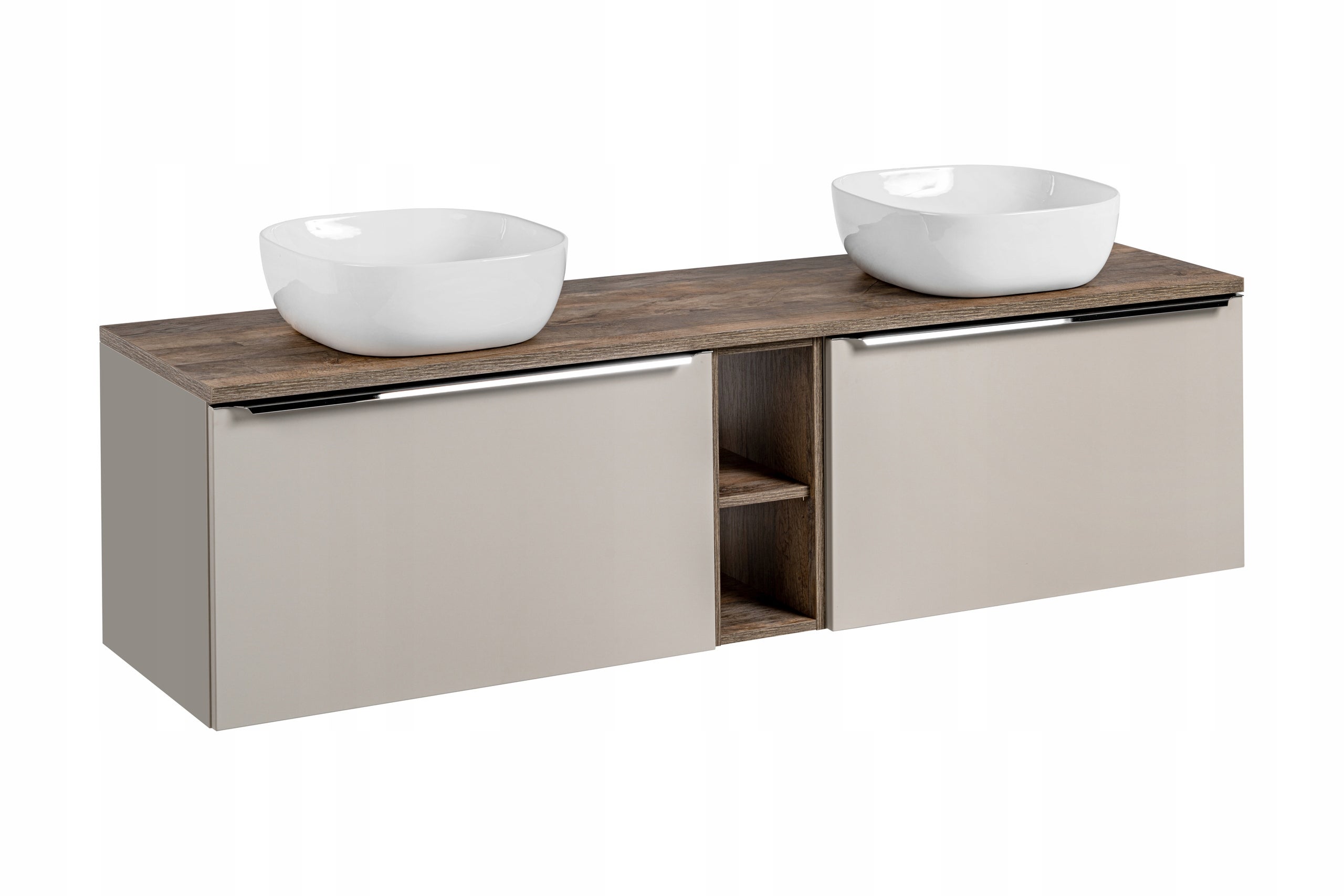 Szafka łazienkowa SANTA FE 180 cm taupe z blatem dąb Santa Fe i umywalkami