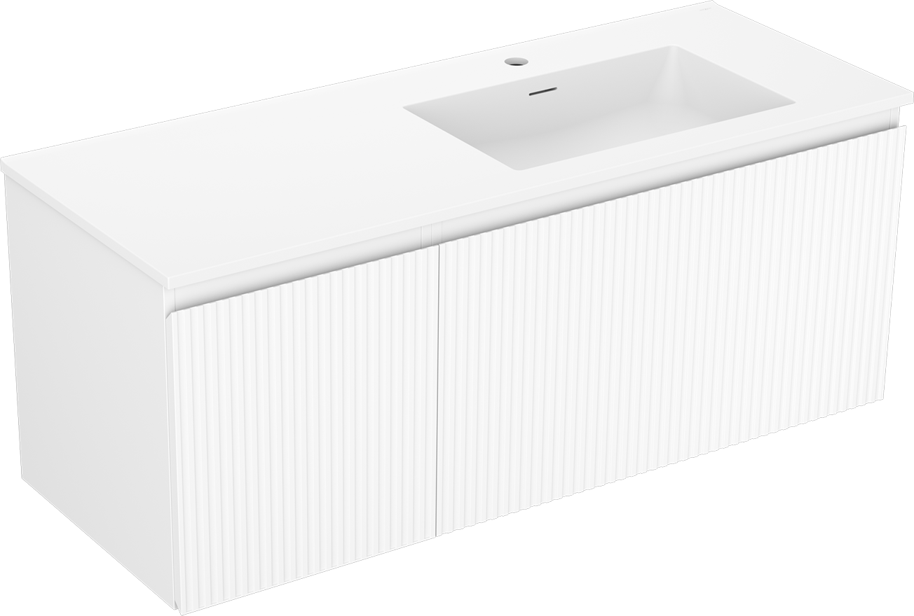 Mexen Rivel szafka łazienkowa 120 cm z umywalką Otis prawą, 1S, 1D, ryflowana, biała mat - 91A23-12047-3-BBFF01-W18P01