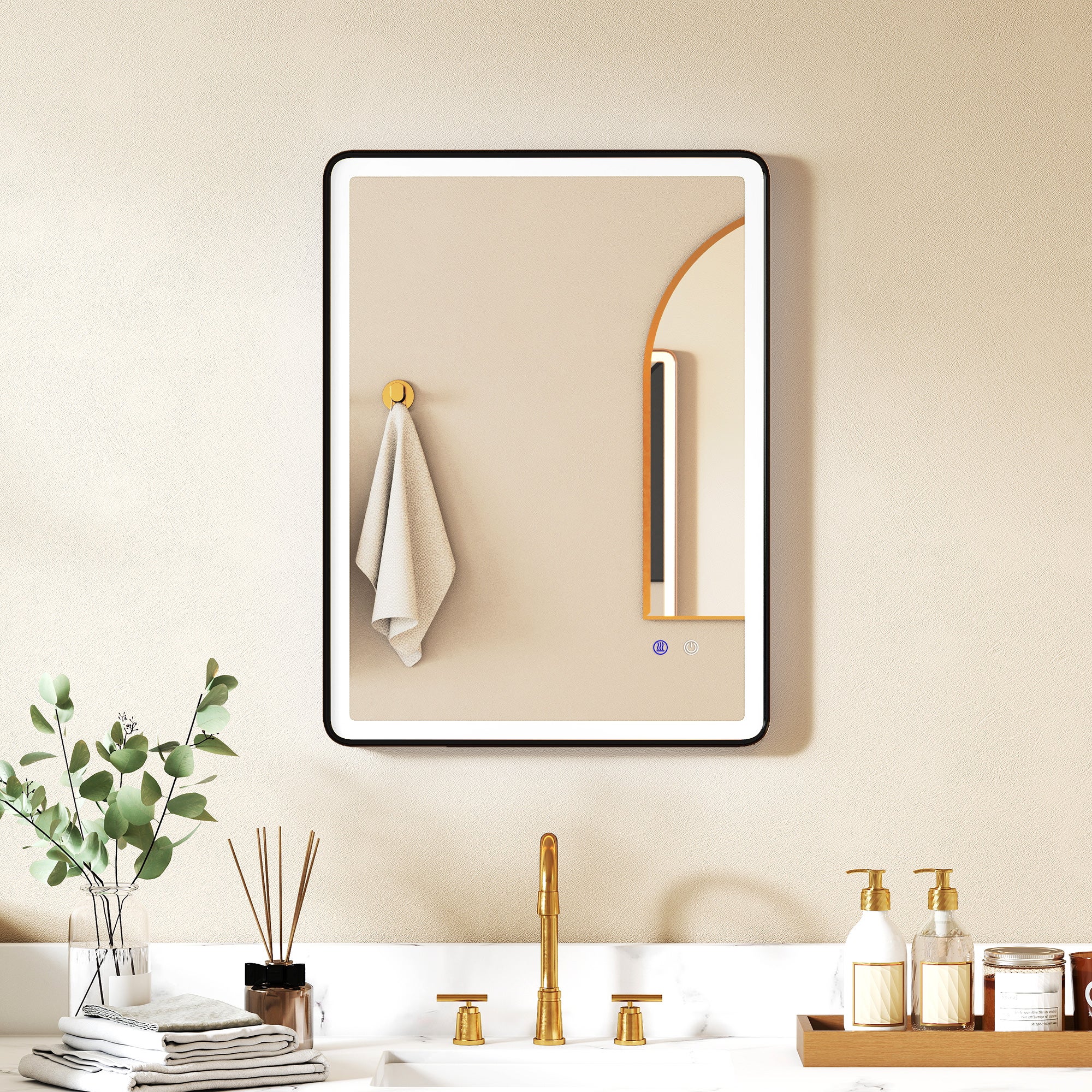 Lustro Łazienkowe LED 80x60 cm Czarna Rama, Podświetlane Lustro Ścienne Anty-Fog Ściemniane do Makijażu