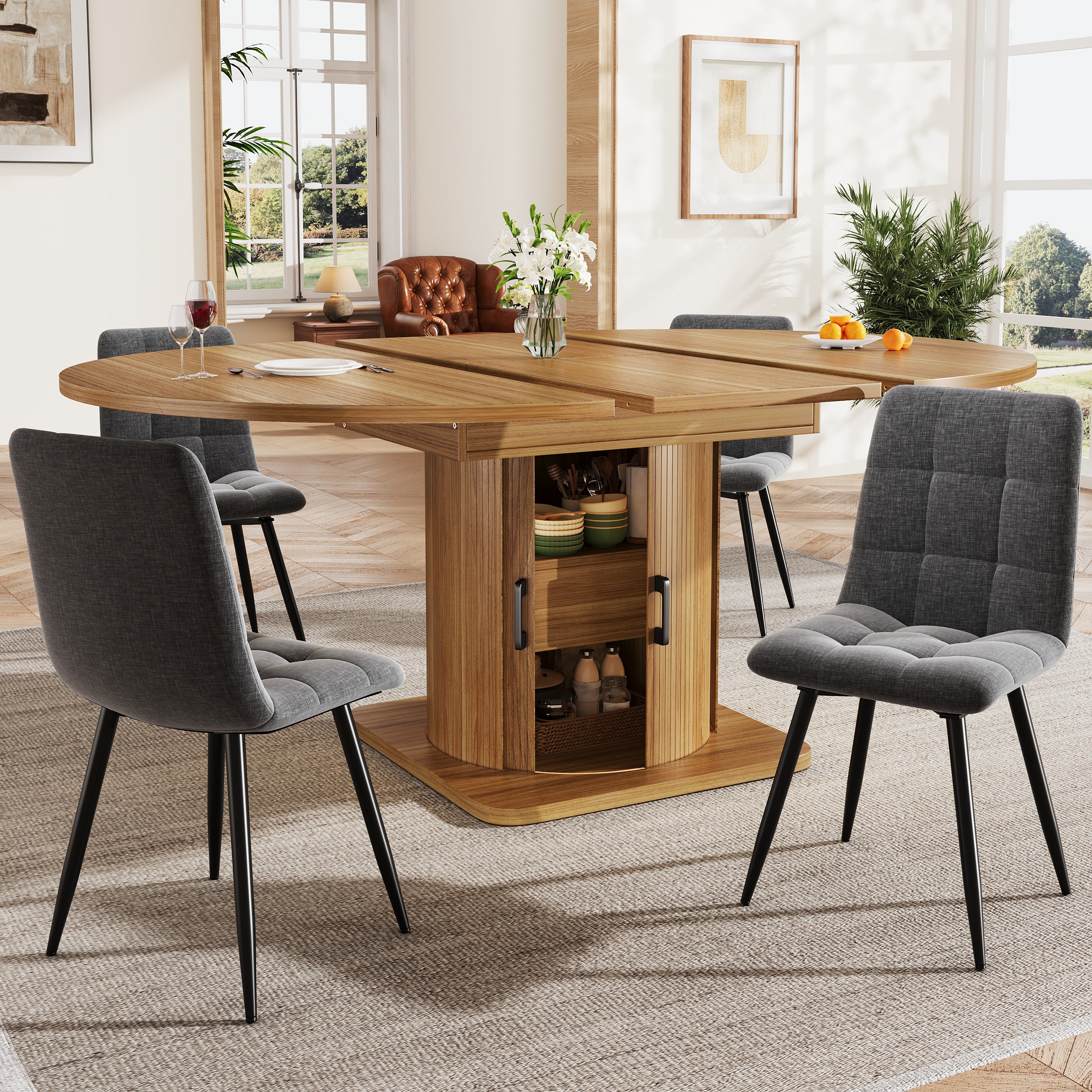 Zestaw rozkładanego okrągłego stołu (118/158 x 118 x 76 cm) i 4 krzeseł do jadalni z szarego lnu - 2 drzwi przesuwnych - MDF i metal - brązowy