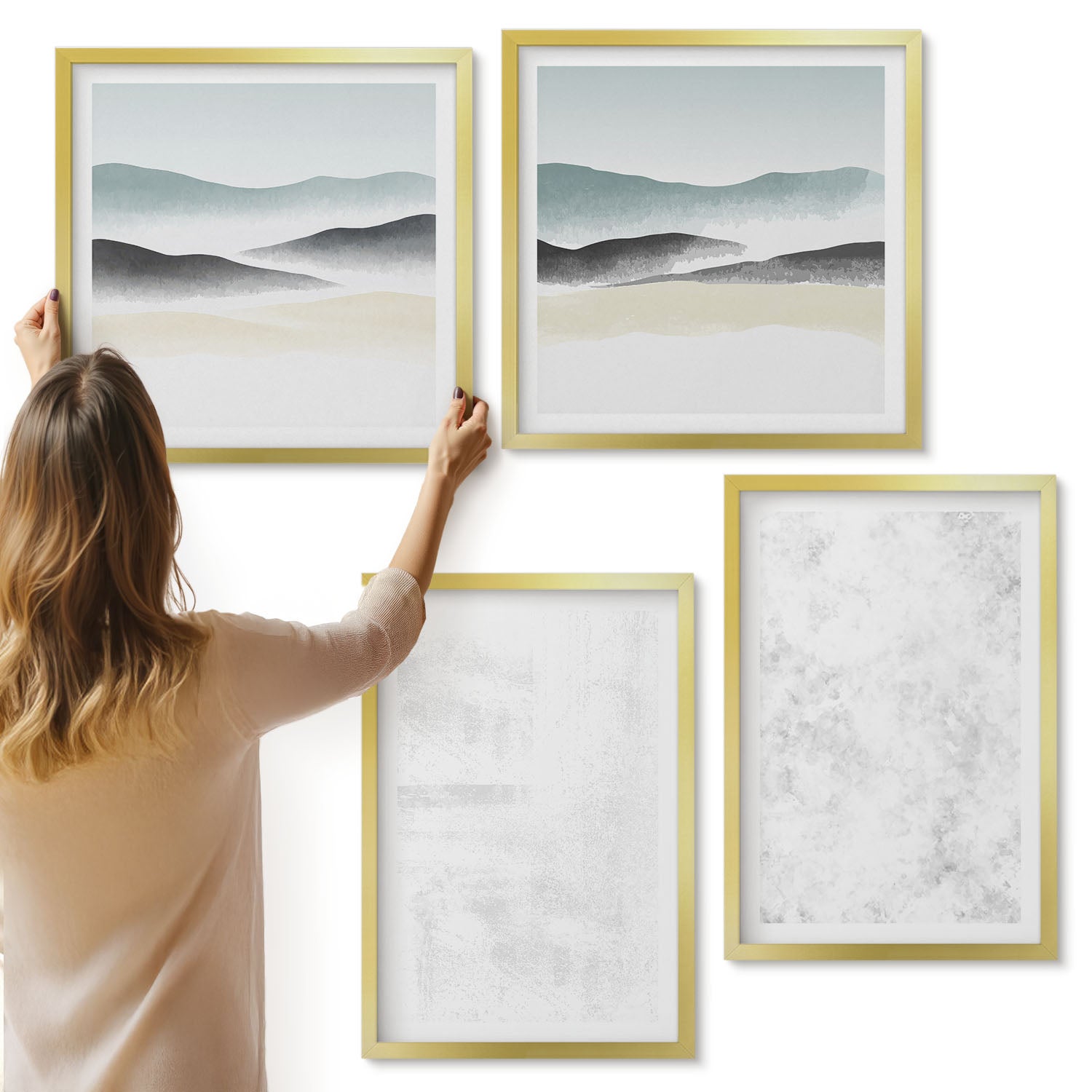 Galeria ścienna 4-częściowy komplet obrazów w złotych ramach - Białe plamy na płótnie i abstrakcyjne widoki minimalistyczne tła - ArtPrintCave