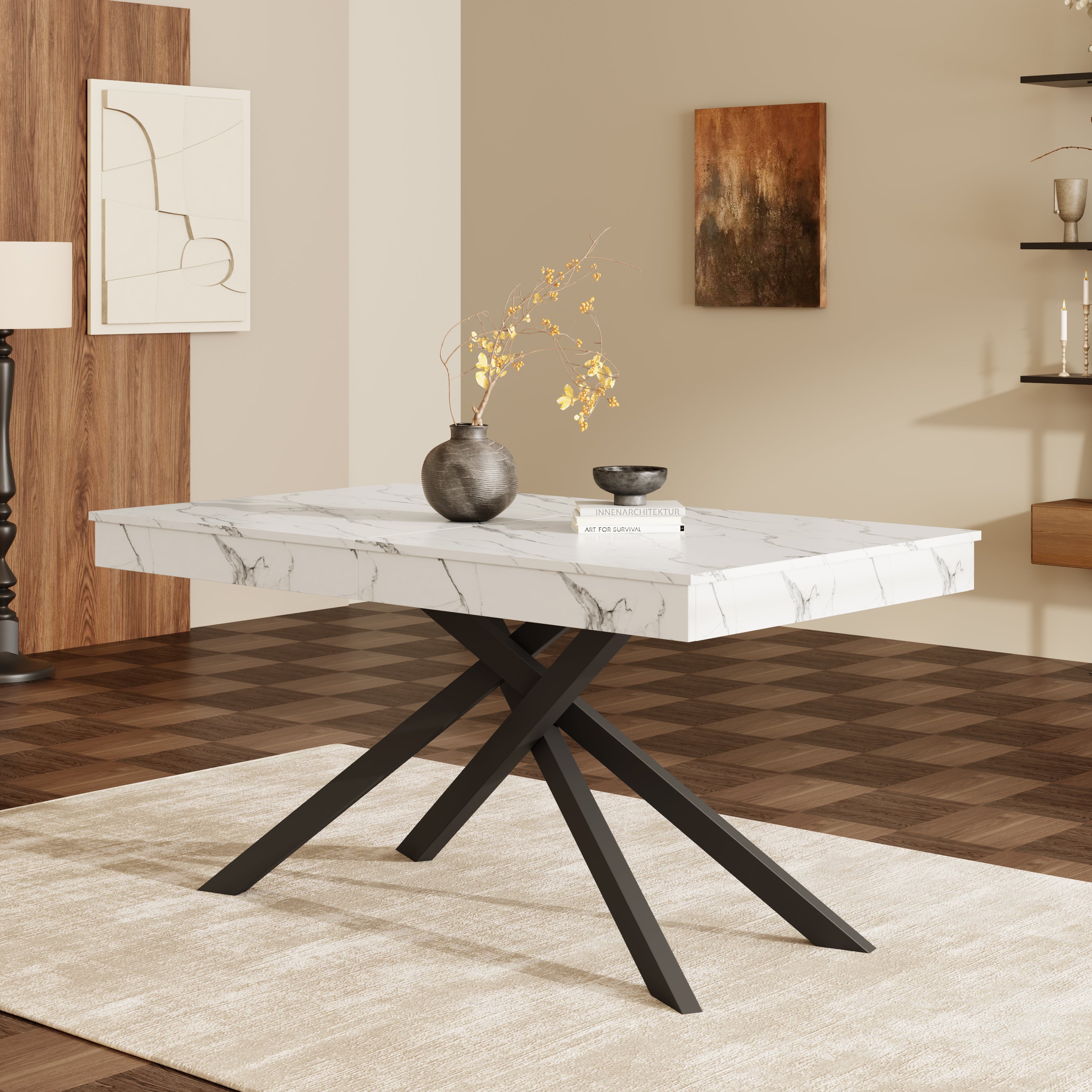 Prostokątny stół rozsuwany 140/180x80x76 cm - Na 6 do 8 osób - Gruby blat - Nogi metalowe - Biały