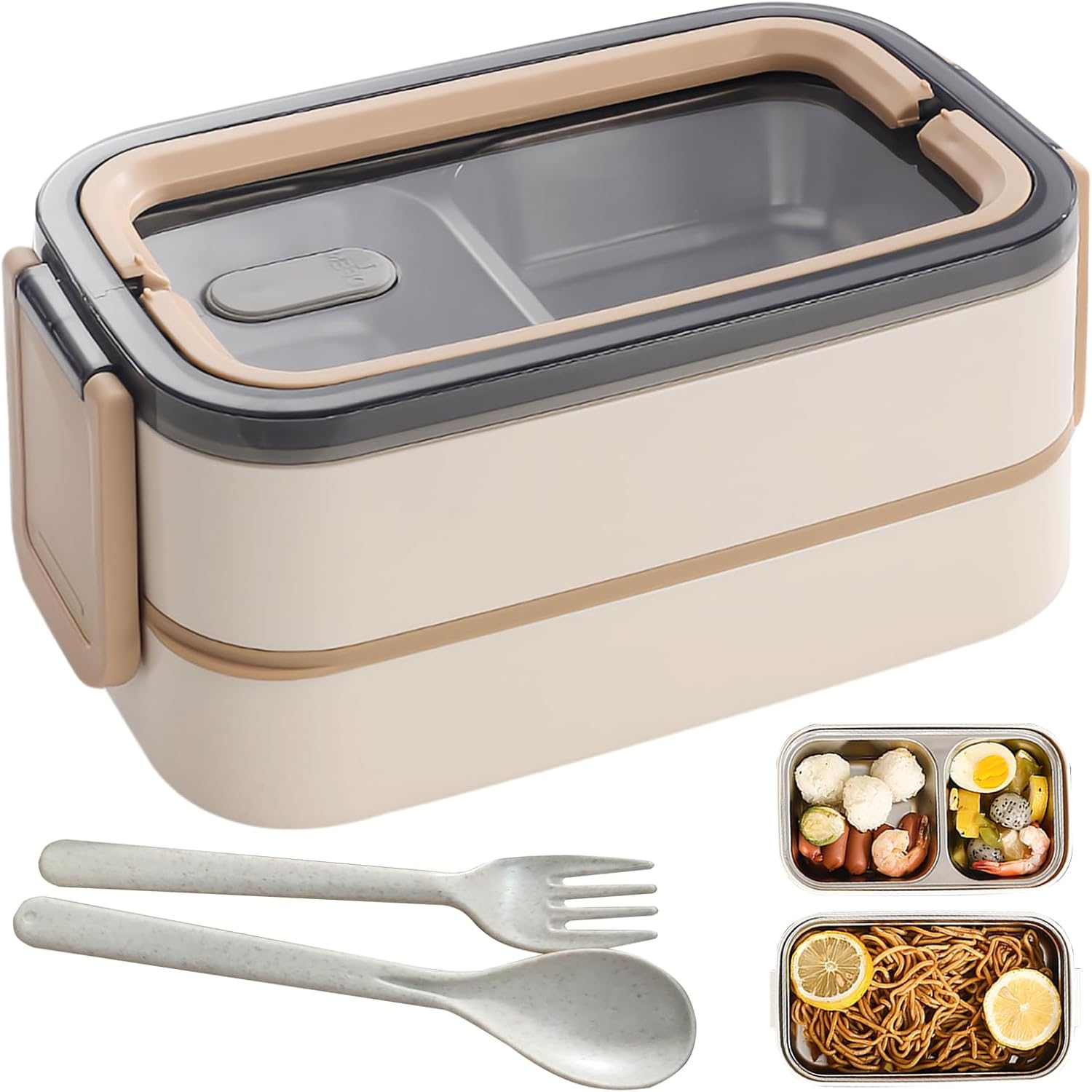 Dwupoziomowy lunchbox ze stali nierdzewnej niezawierającej BPA, z przegródkami i sztućcami, idealny w podróży.