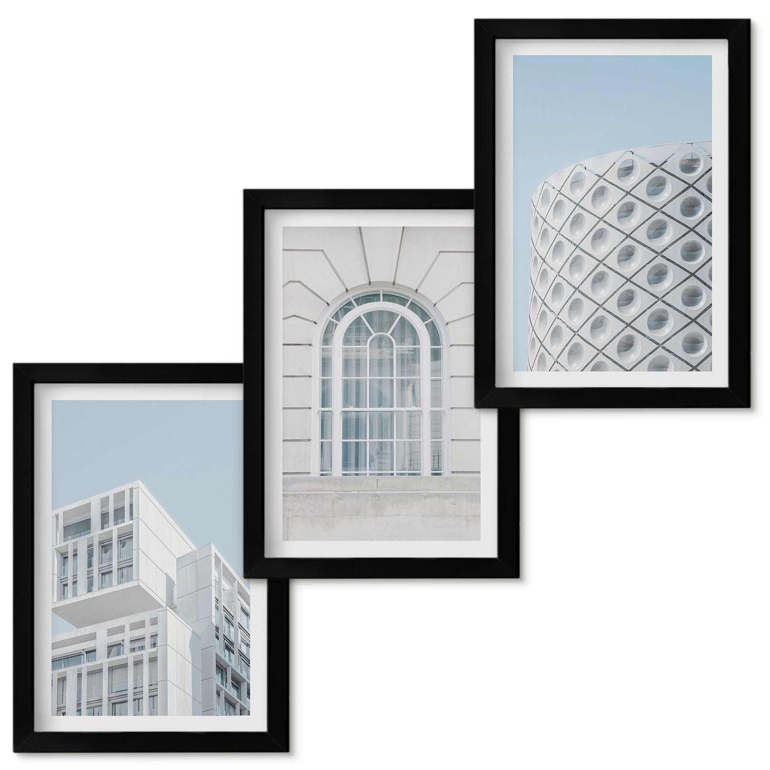 Zestaw obrazów w ramie - 3 części | Nowoczesna architektura minimalizm i geometria | Czarna ramka