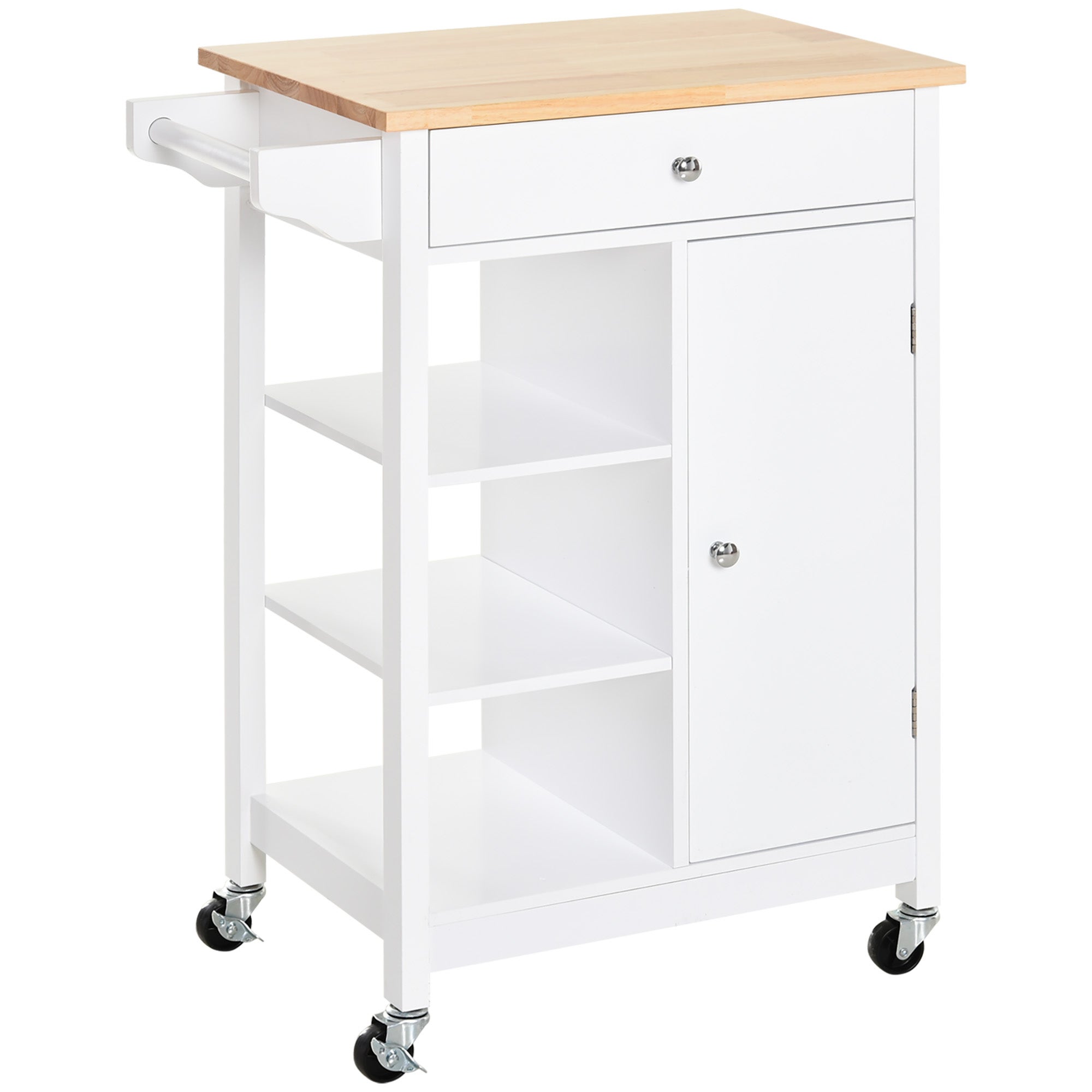 Ten wózek kuchenny zawiera blat roboczy, szuflady i regulowane półki. Ma wymiary 66 x 39,5 x 86,5 cm i jest w kolorze białym.