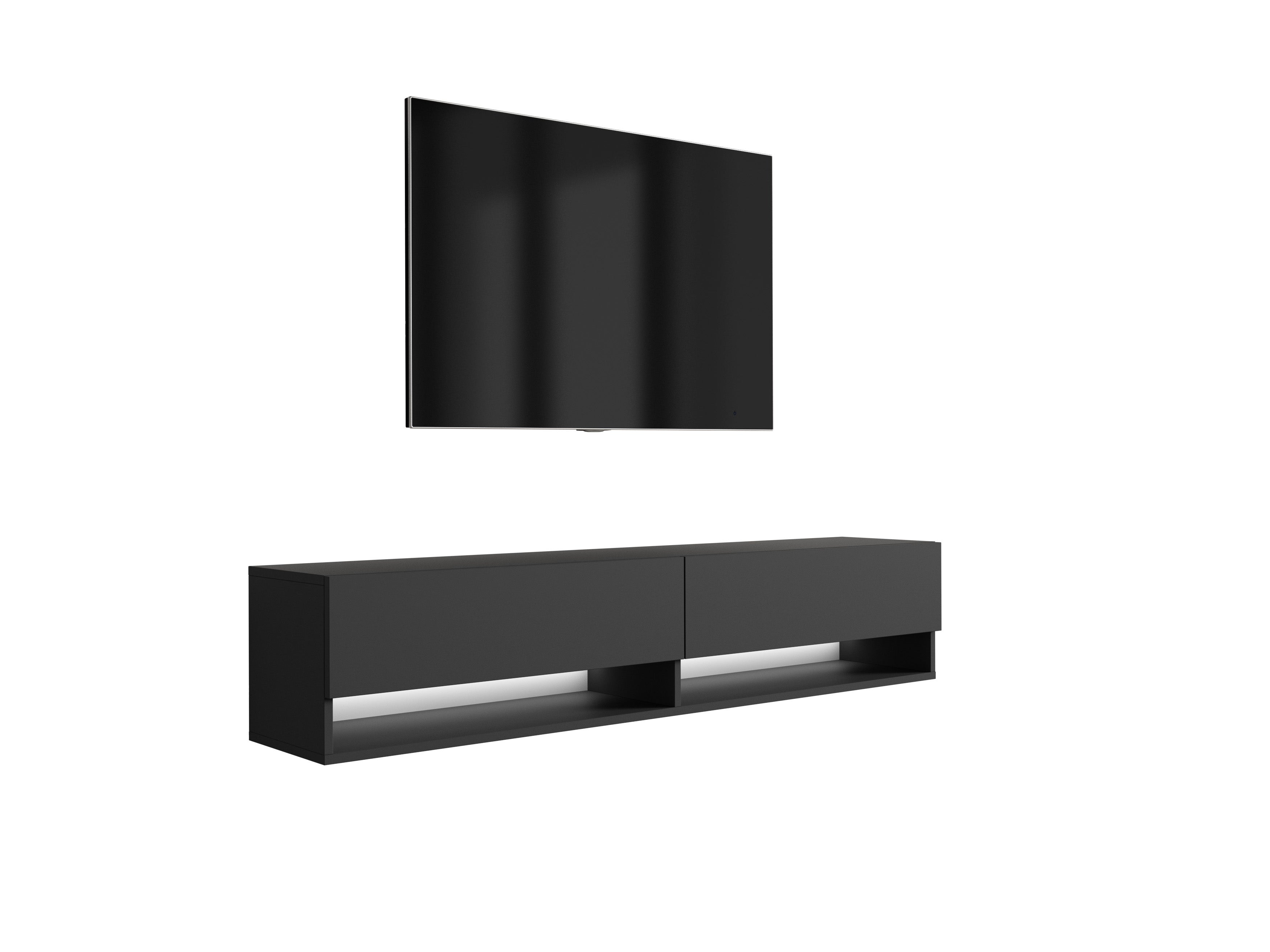 Szafka pod telewizor 170 cm Czarny Mat, LED biały, 170 × 32 × 34 cm