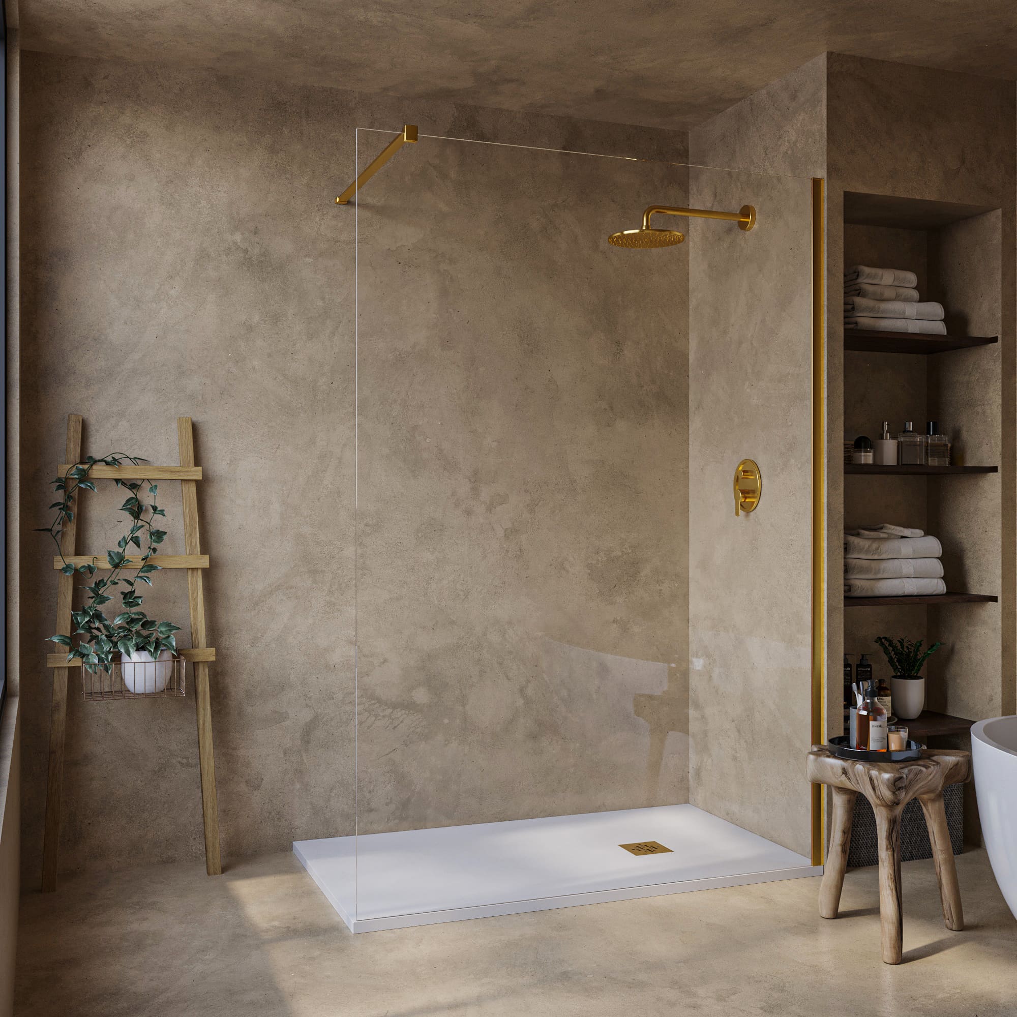 SOULHOME Lekki Brodzik z Żywicy tekstura Łupka biały – 190x80- cm Ultra-płaski Zawiera Syfon i Kratkę Gold