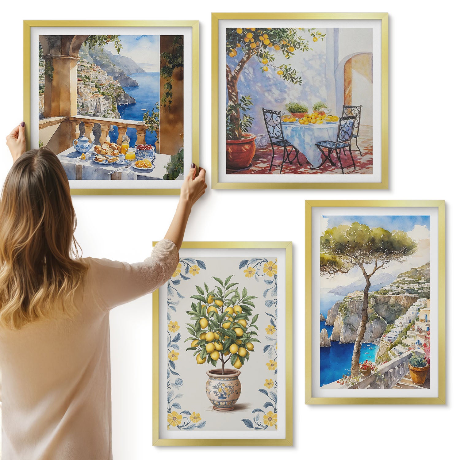 Galeria ścienna 4-częściowy komplet obrazów w złotych ramach - Widok na morze z drzewem cytrynowymi włoskie malunki - ArtPrintCave
