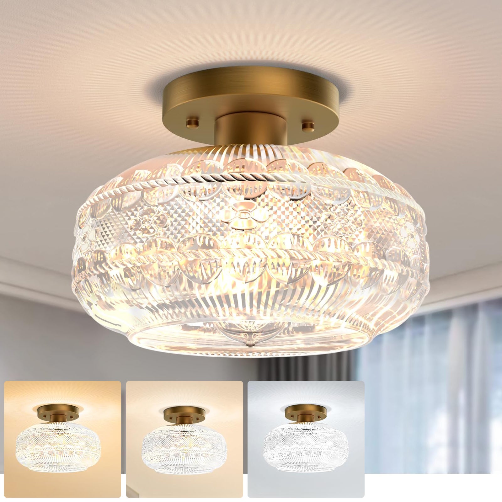Pół-funkcjonalny plafon przemysłowy, złota lampa korytarzowa, sufitowa lampa globus ze szkła, lampa vintage, 3 temperatury barwowe.