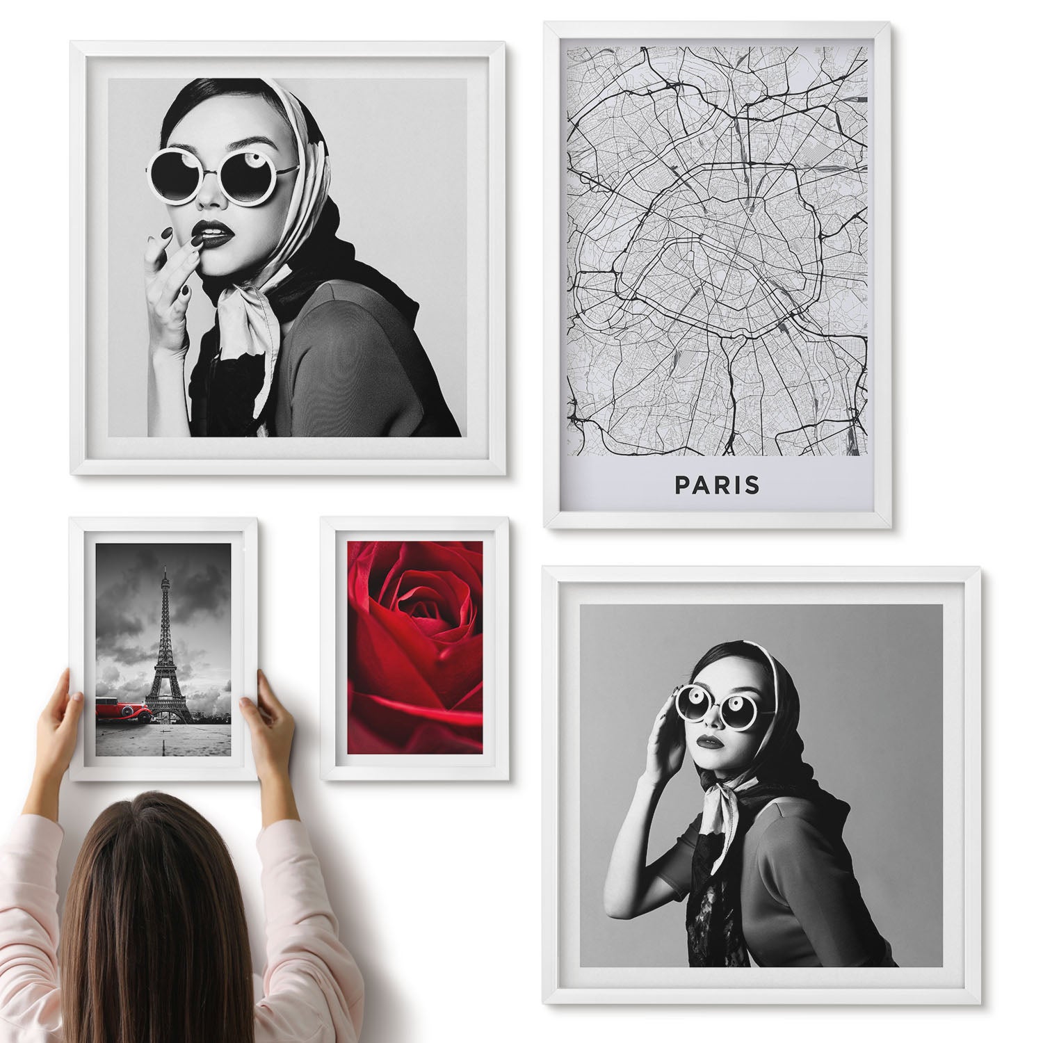 Galeria ścienna 5-częściowy komplet obrazów w białych ramach - Stylowe akcenty Paryża z modą i romantyzmem - ArtPrintCave