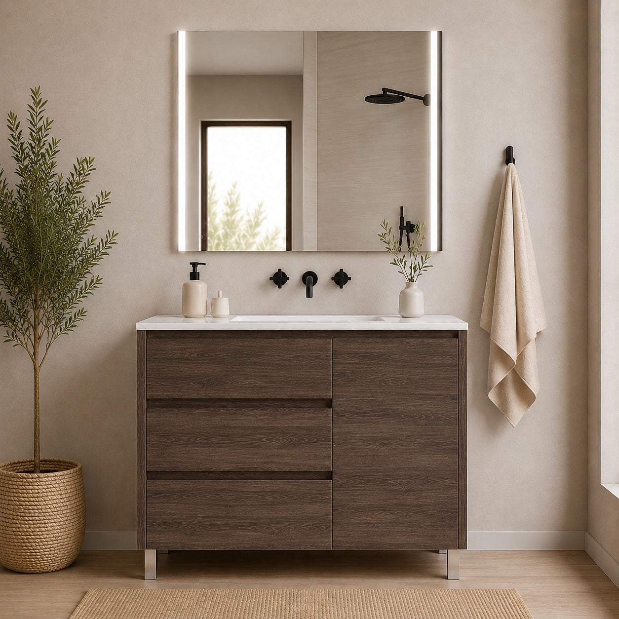 Szafka łazienkowa z 3 szufladami, drzwiami i umywalką ORIGENBATH VOLUM bez lustra 90x40 cm jesion tea