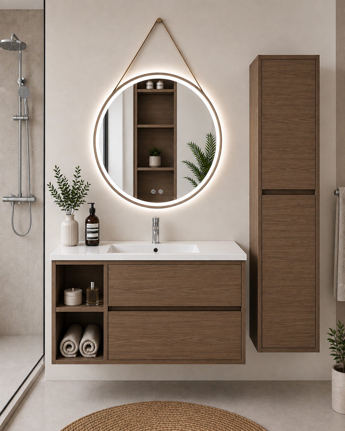 Szafka łazienkowa z umywalką ORIGENBATH ZEUS bez lustra 90x40 cm Lewa strona jesion tea z kolumną