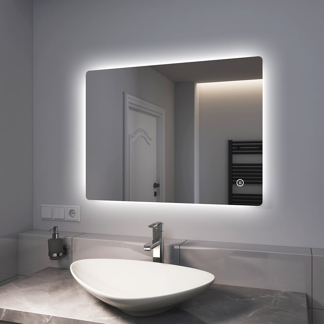 EMKE Lustro łazienkowe z oświetleniem LED 80x60 cm, z 3 barwy światła, możliwość ściemniania, funkcja pamięci, IP44, bezramowe