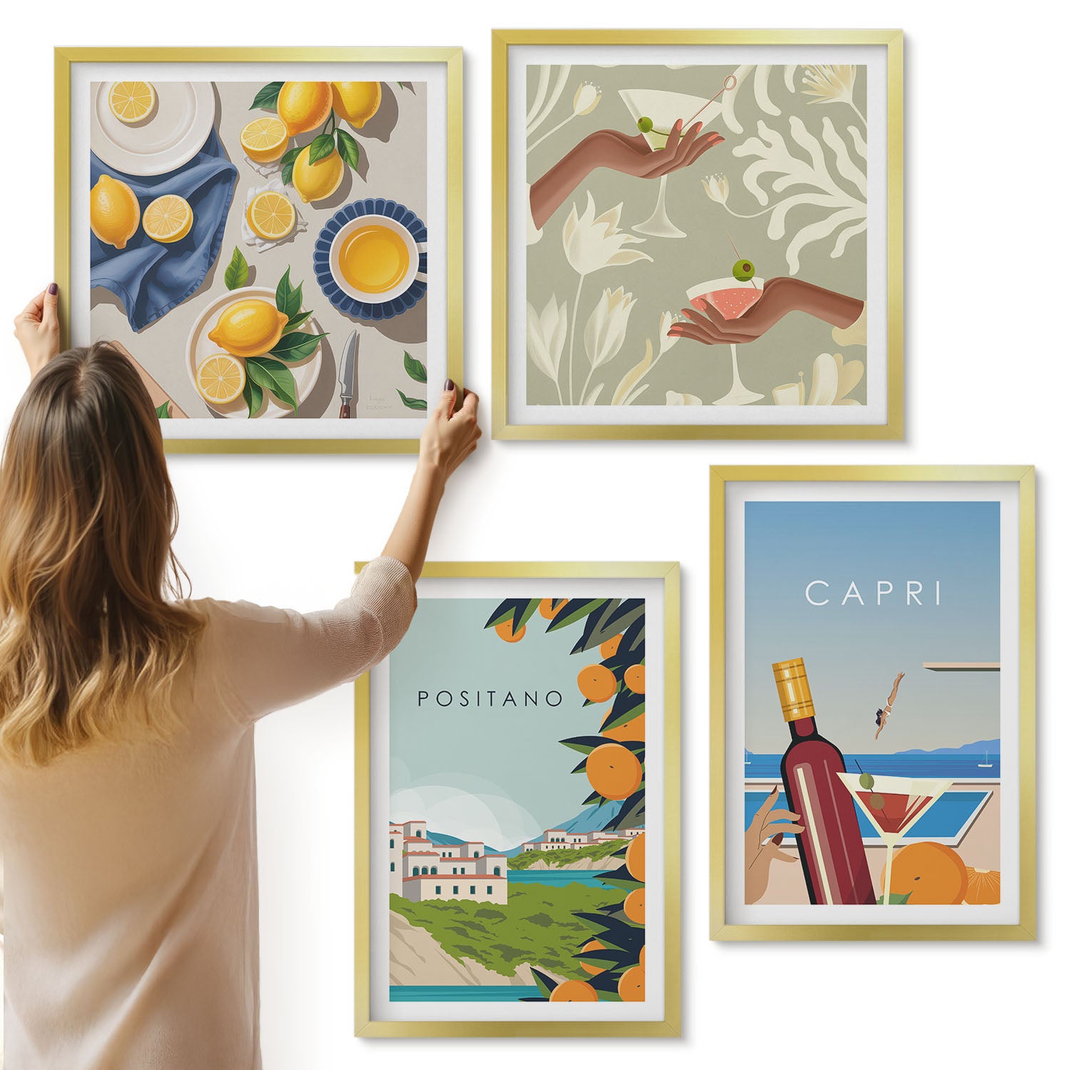 Galeria ścienna 4-częściowy komplet obrazów w złotych ramach - Wakacyjne widoki włoskie cytryny Positano i Capri - ArtPrintCave