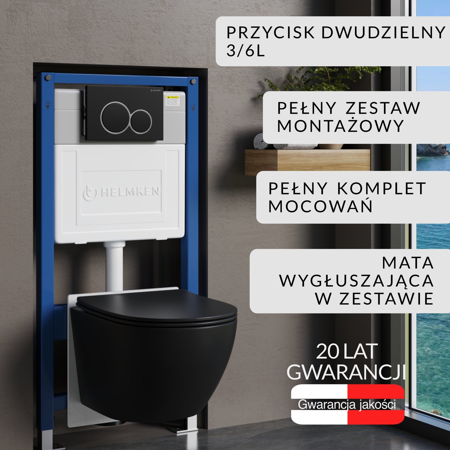Zestaw podtynkowy WC Helmken 5w1: Stelaż, Czarny Mat Przycisk, Miska bezkołnierzowa Rimless 35103001B (Matowa Czarna), Deska wolnoopadająca, Mata