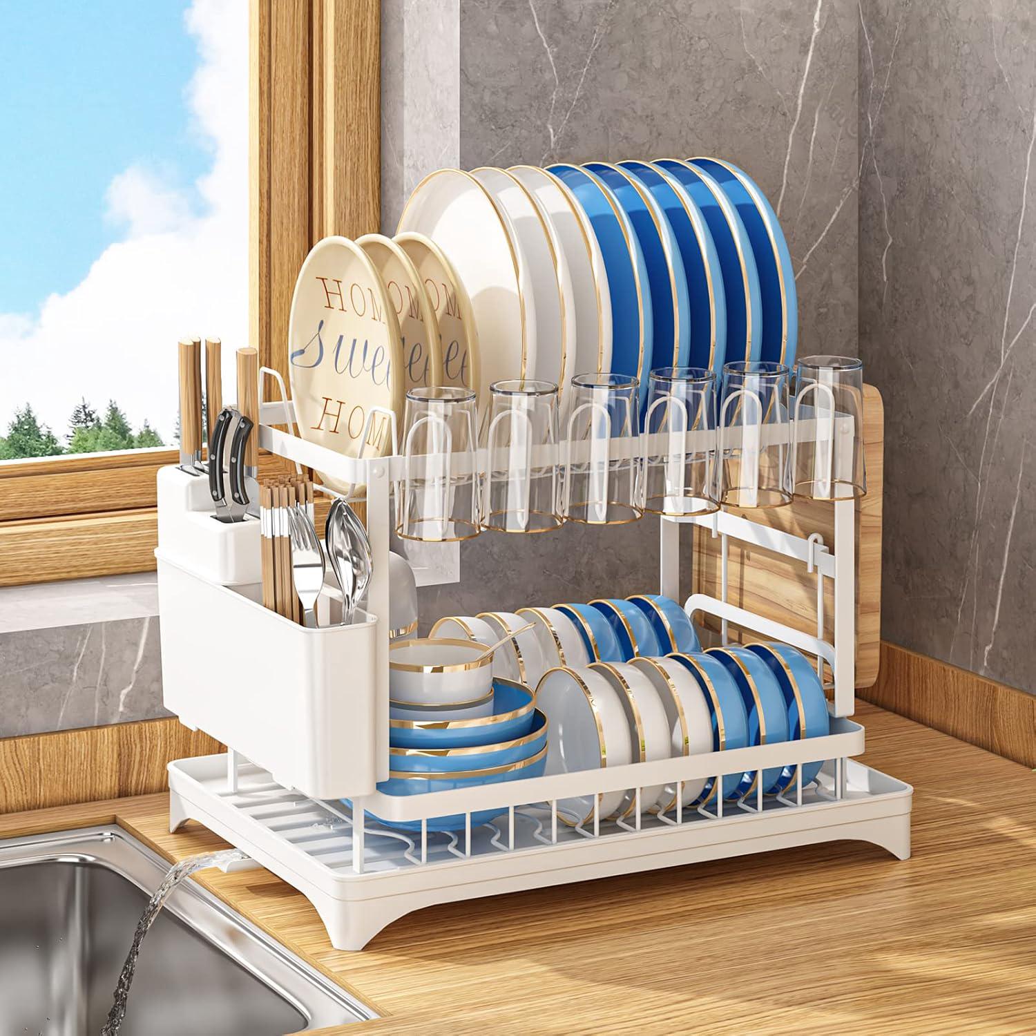 Dwupoziomowa suszarka na przybory kuchenne, nierdzewna, wielofunkcyjna suszarka na przybory z tacką ociekową, biała