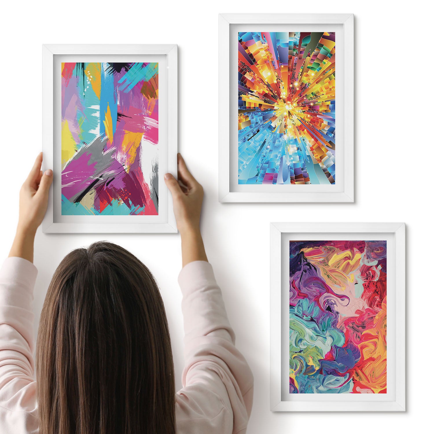 Galeria ścienna 3-częściowy komplet obrazów w białych ramach - Kolorowe abstrakcje farb z dynamicznymi wzorami - ArtPrintCave