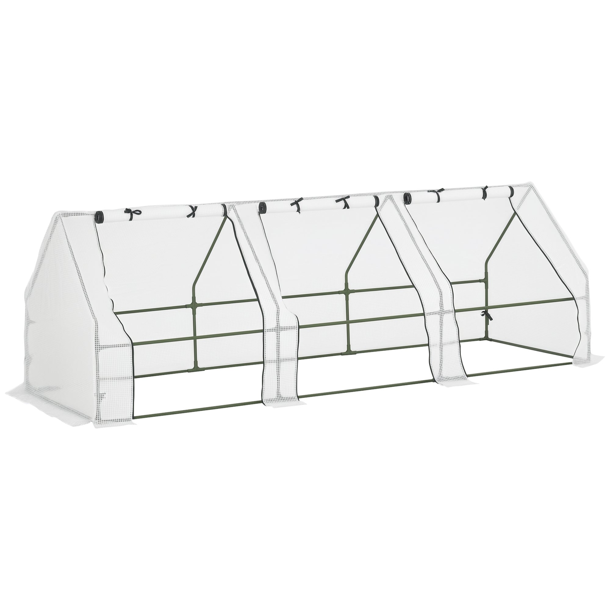 mini ogród szklarnia mini tunel foliowy 270L x 90W x 90H cm Pointed dach wysokiej gęstości stal PE 140 g/m² anty-UV 3 okna z zwijany zamki biały
