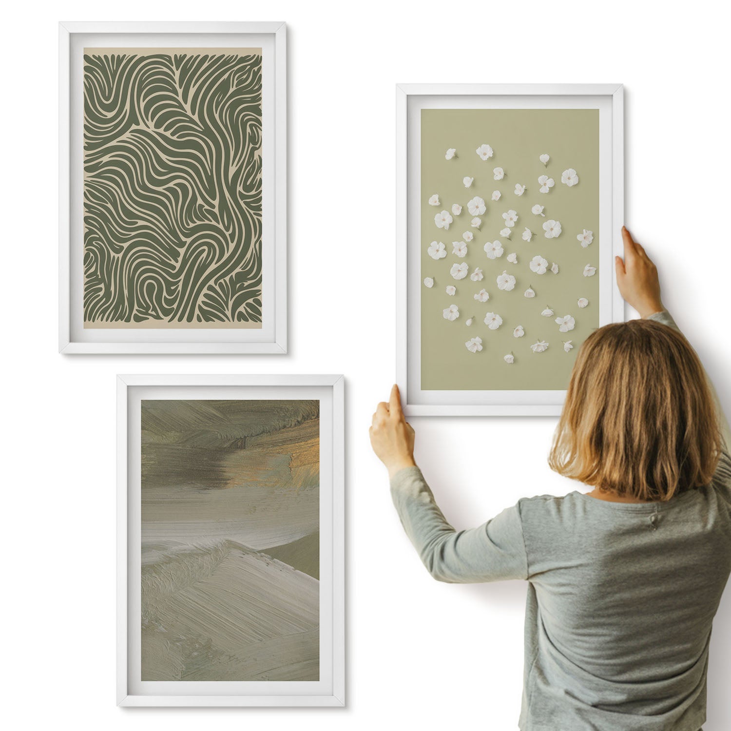 Galeria ścienna 3-częściowy komplet obrazów w białych ramach - Wzory faliste i abstrakcyjne z kwiatami boho - ArtPrintCave