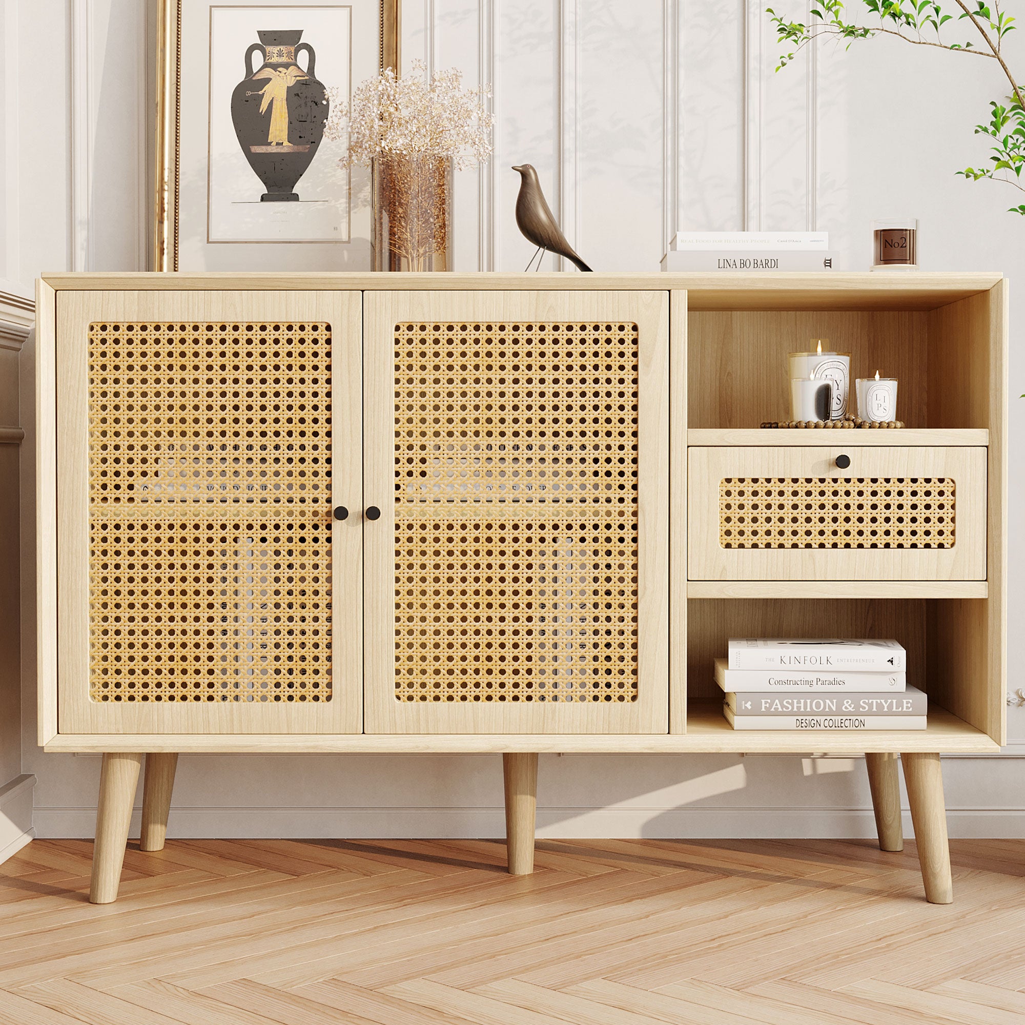 Szafka RTV 170cm z oświetleniem LED i przegrodą szklaną - 2 szuflady - czarna