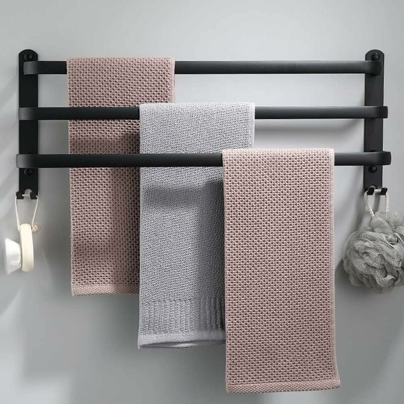 Wieszak na ręczniki aluminiowy, ścienny, 3-poziomowy, z haczykiem, 30 cm, czarny
