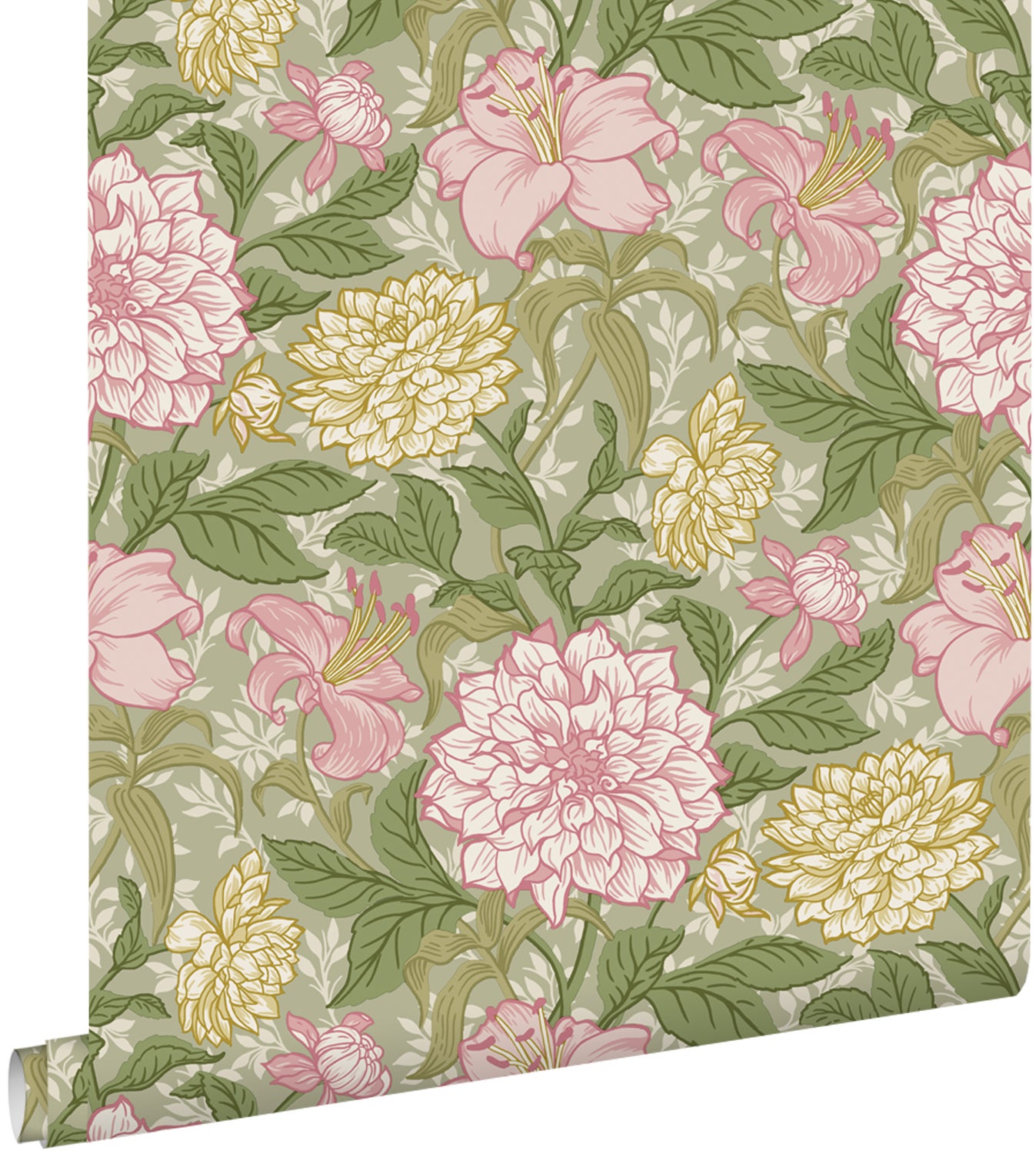 Tapeta zabytkowe kwiaty fioletowy, zielony i żółty - 50 x 900 cm - ESTAHOME