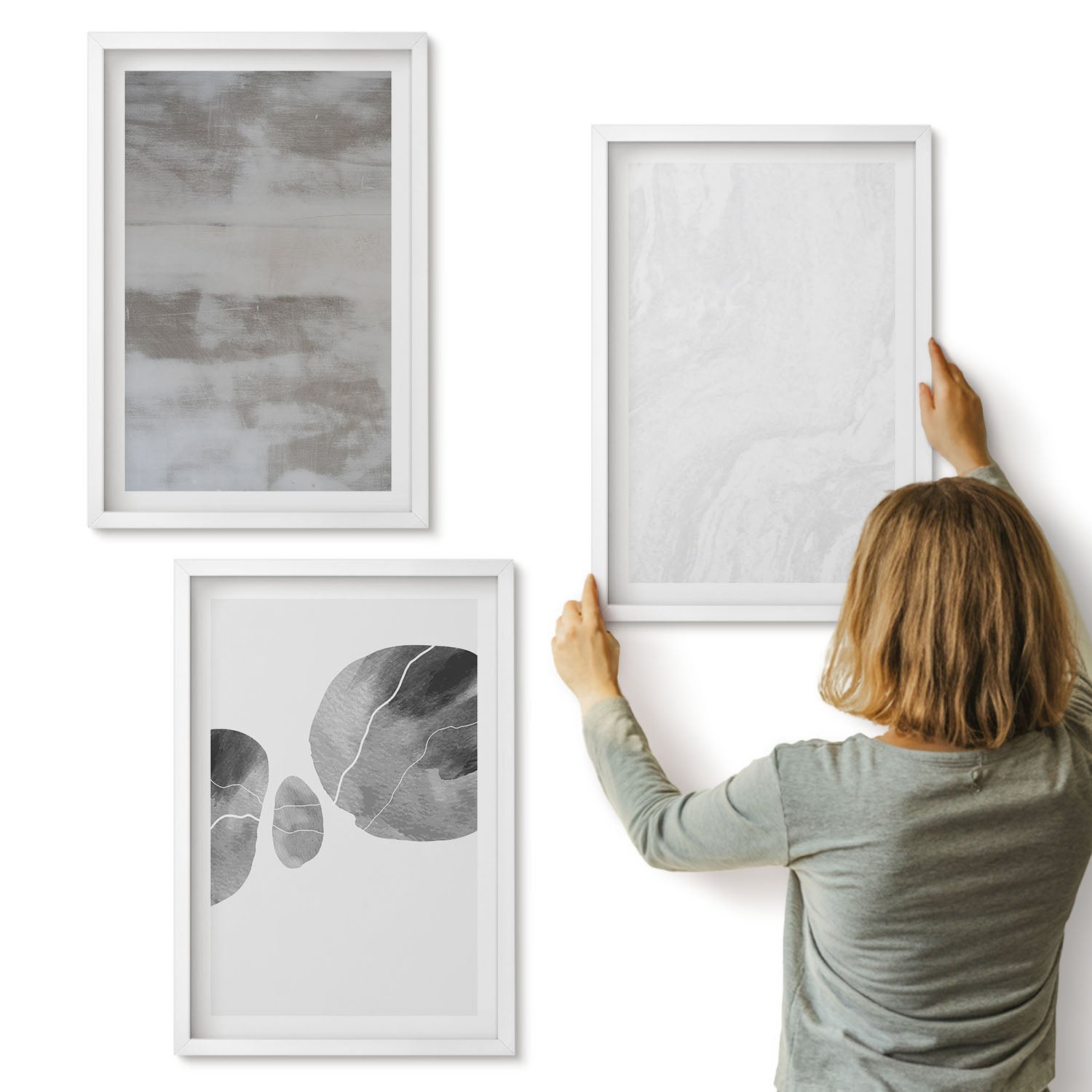 Galeria ścienna 3-częściowy komplet obrazów w białych ramach - Abstrakcyjne kształty i struktury styl nowoczesny - ArtPrintCave