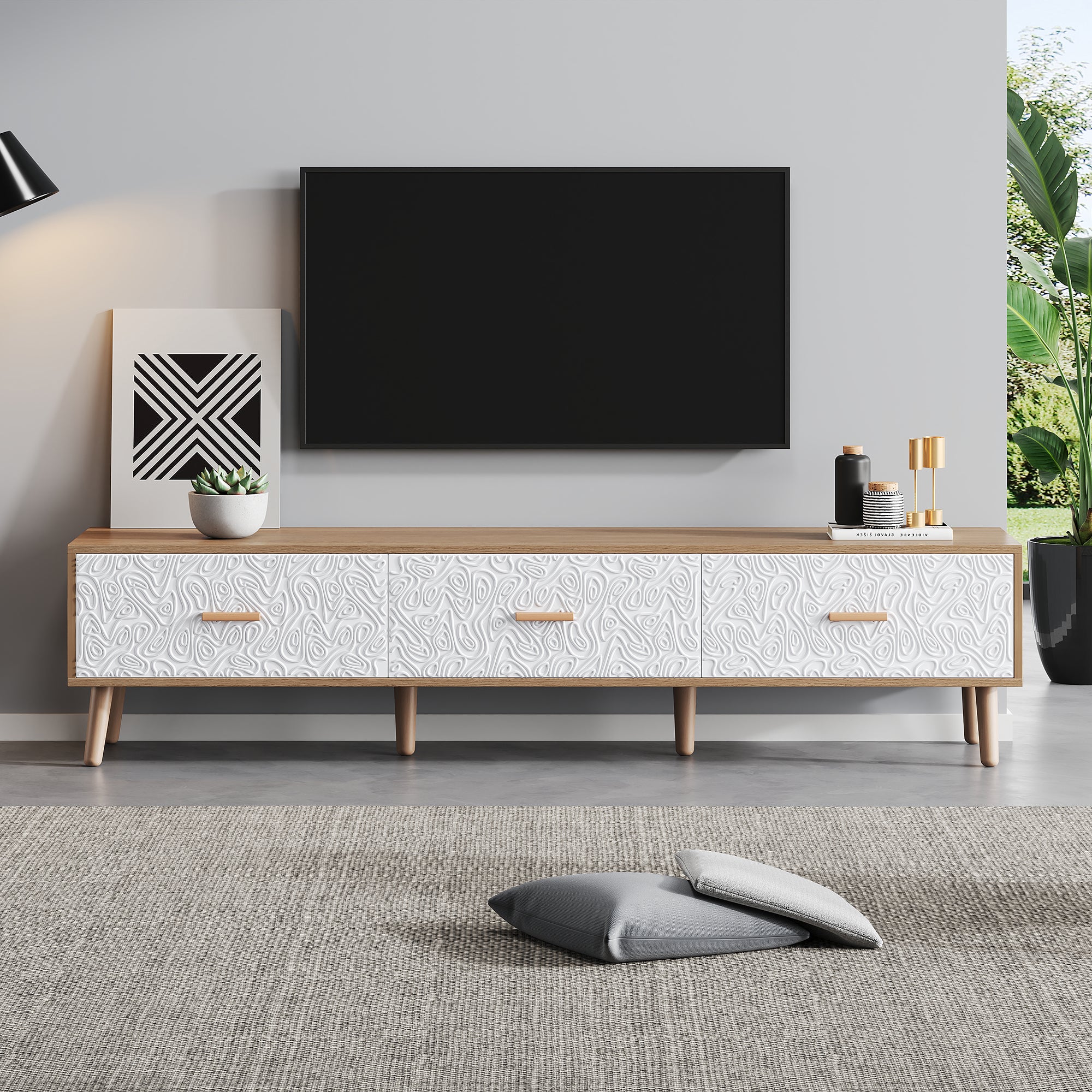 Szafka pod TV - Salon Sypialnia, Jasne drewno, Panel drzwiowy w stylu vintage, biały słojowany, 150*35*39cm, Biały, Drewno, Płyta wiórowa