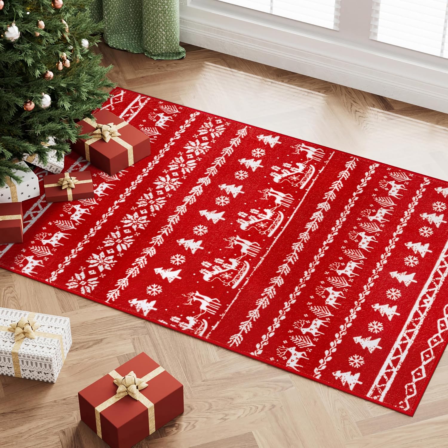 Dywanik świąteczny 40*60 cm czerwony do kuchni i sypialni, nadający się do prania w pralce, antypoślizgowy, świąteczny, płatki śniegu, dekoracja choin