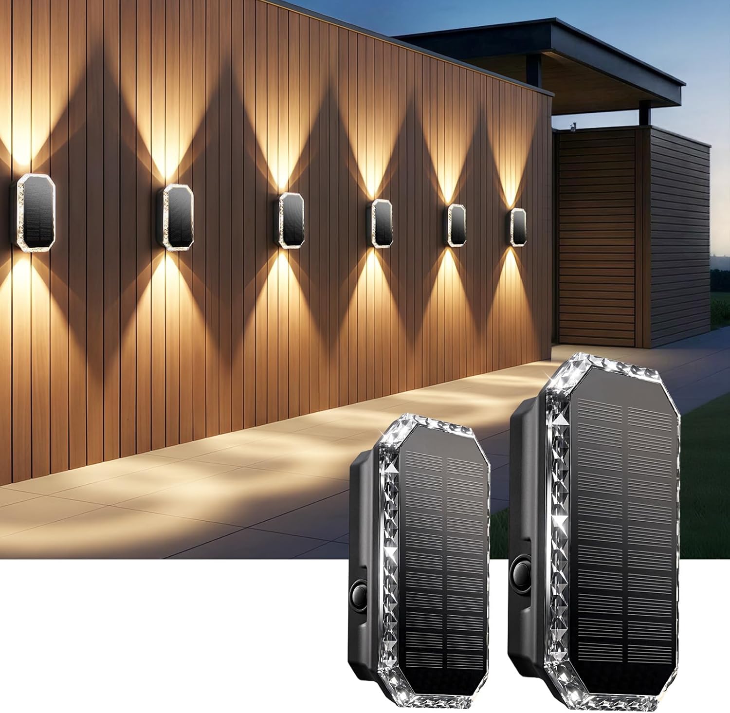 Zestaw 2 zewnętrznych lamp ściennych zasilanych energią słoneczną (góra i dół), 3 tryby świecenia
