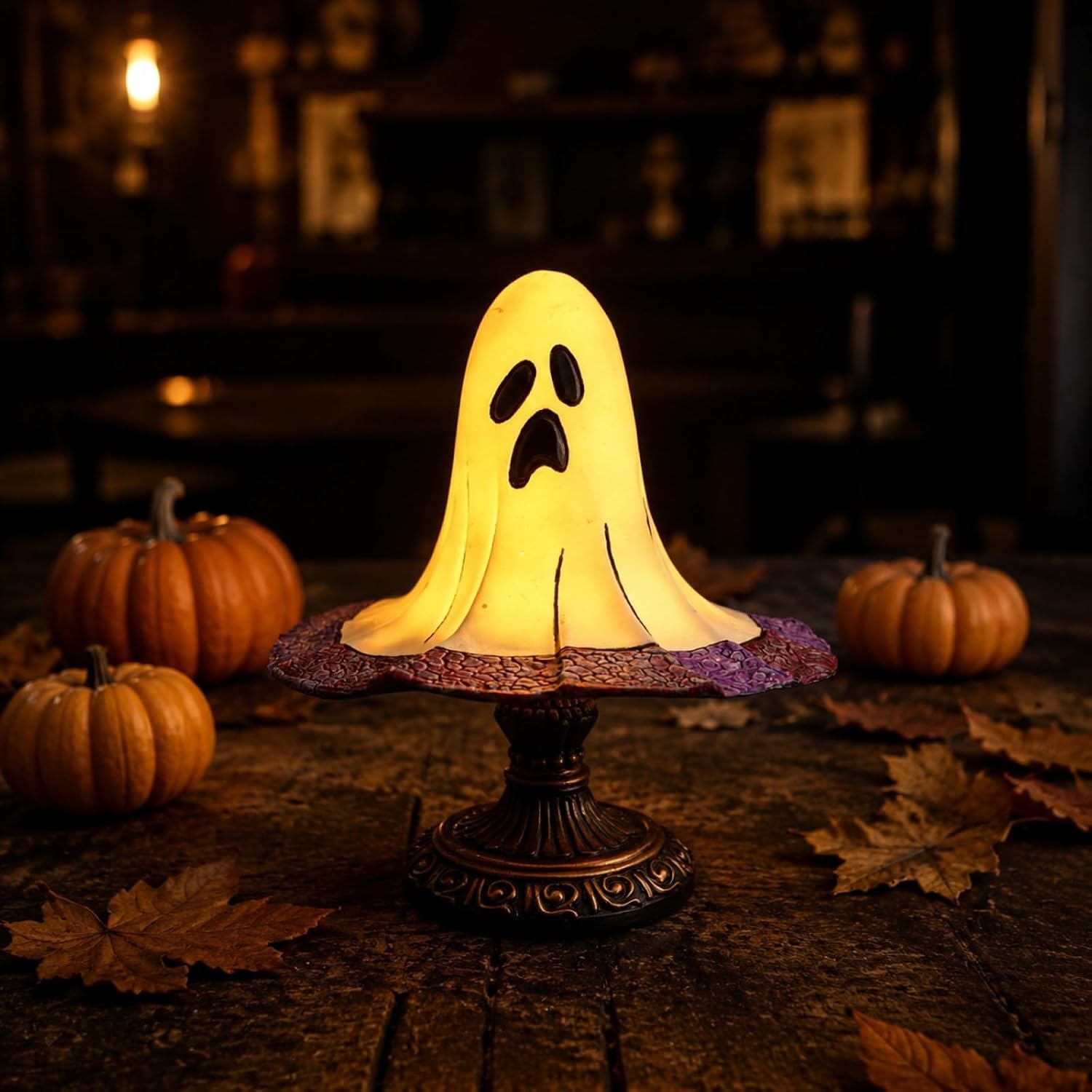 Lampa stołowa z witrażem w kształcie dyni na Halloween, lampka nocna Jack-O-Lantern, styl vintage, zasilana przez USB, dekoracja biurka