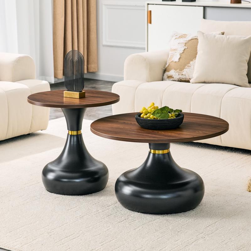 Zestaw 2 okrągłych, składanych stolików kawowych – nowoczesny design w kształcie klepsydry z orzecha włoskiego i eleganckiego czarnego metalu