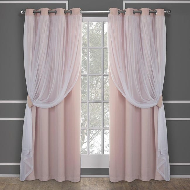 Zasłony podwójne 2 w 1: przezroczyste i zaciemniające - 2 panele w kolorze pudrowego różu 132x244 cm z metalowymi kółkami