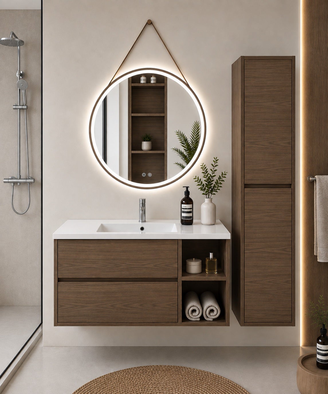 Szafka łazienkowa z umywalką ORIGENBATH ZEUS bez lustra 80x40 cm Prawa strona jesion tea z kolumną