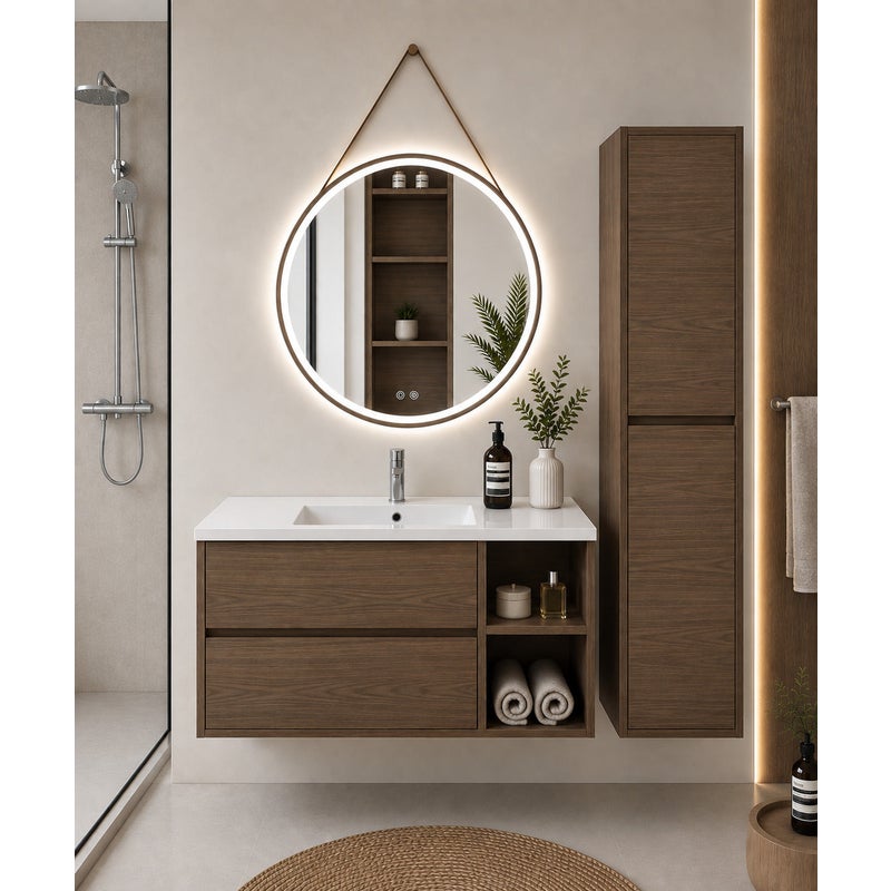 Szafka łazienkowa z umywalką ORIGENBATH ZEUS bez lustra 80x40 cm Prawa strona jesion tea z kolumną