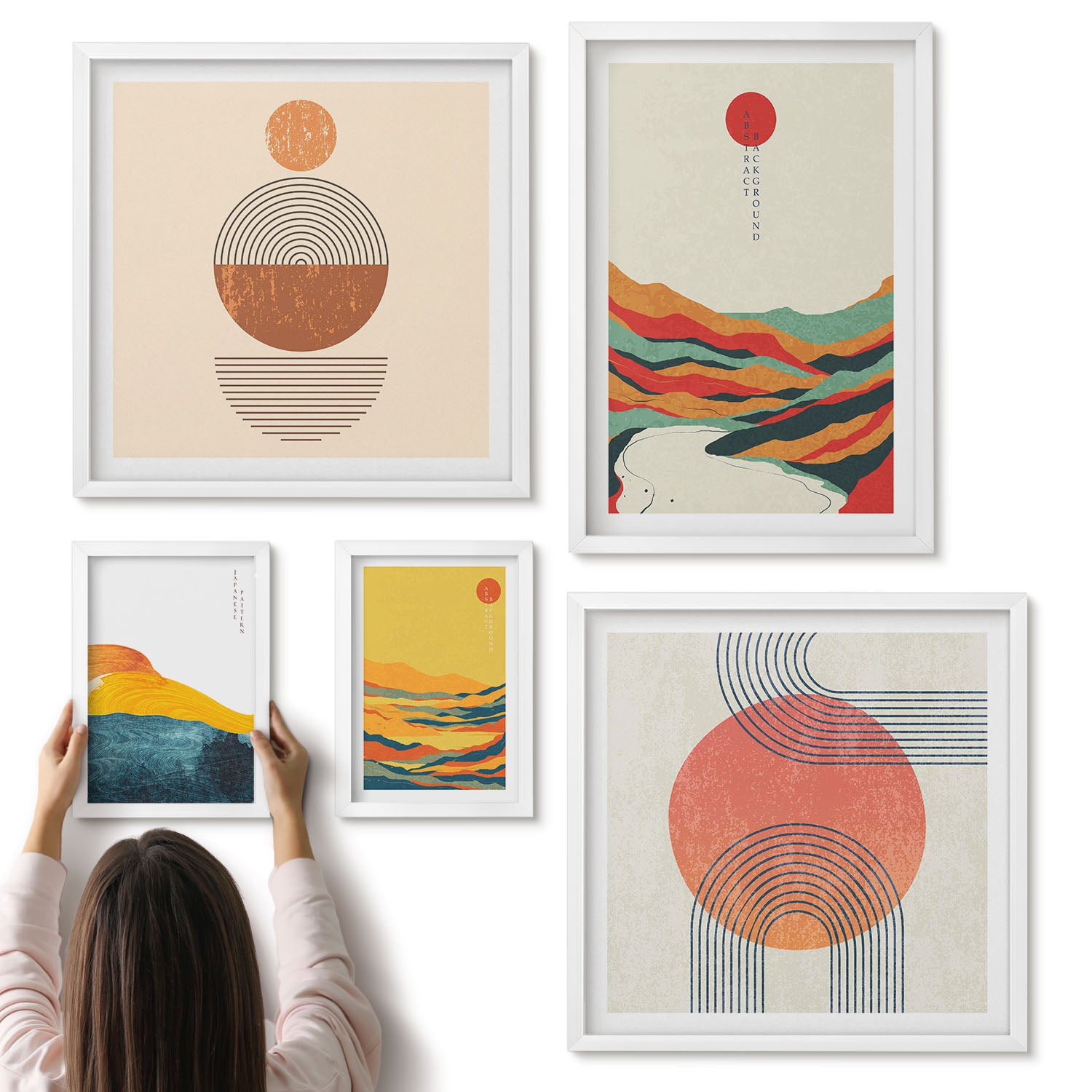 Galeria ścienna 5-częściowy komplet obrazów w białych ramach - Abstrakcyjne pejzaże z geometrycznymi kształtami i kolorami - ArtPrintCave