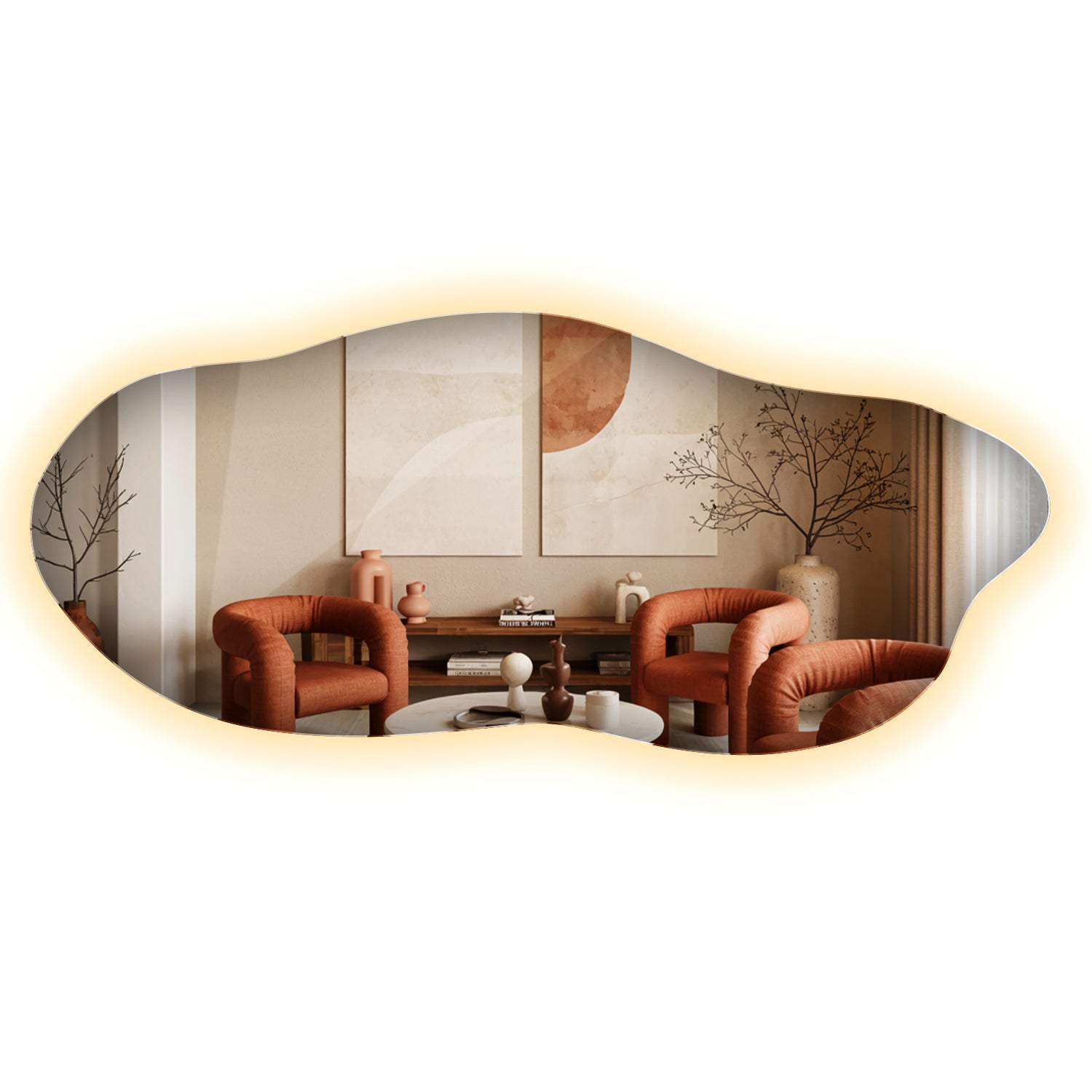 Lustro LED nieregularne 45×100 cm ciepłe, elegancka organiczna forma do nowoczesnych jasnych przestrzeni, ArtPrintCave
