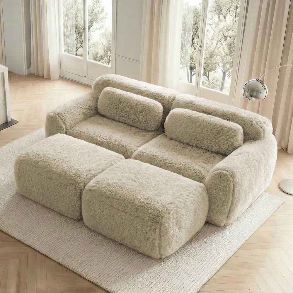 Modułowa sofa 2-osobowa z 2 pufami, miękka pluszowa tkanina, pianka 32D, nie wymaga montażu, wygodna