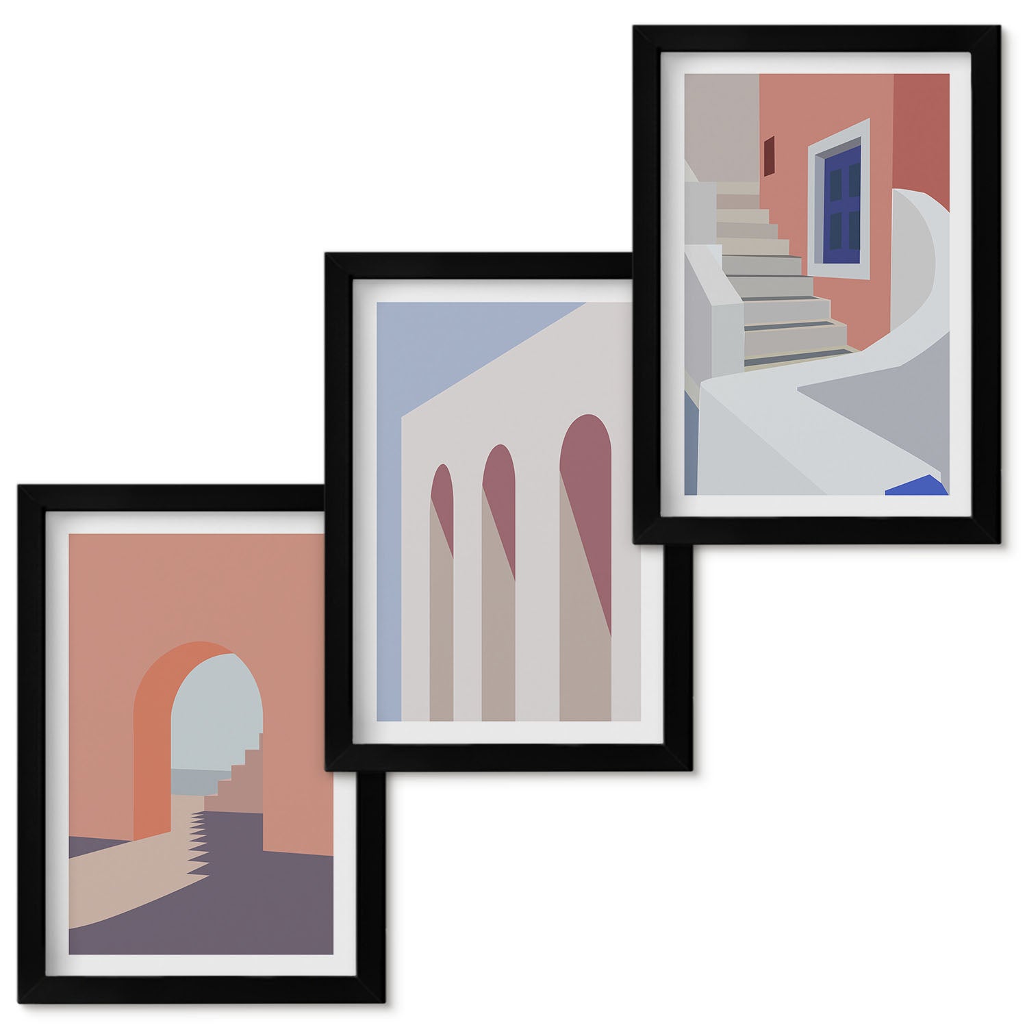 Zestaw obrazów w ramie - 3 części | Ilustracje architektury miejskiej styl minimalistyczny | Czarna ramka