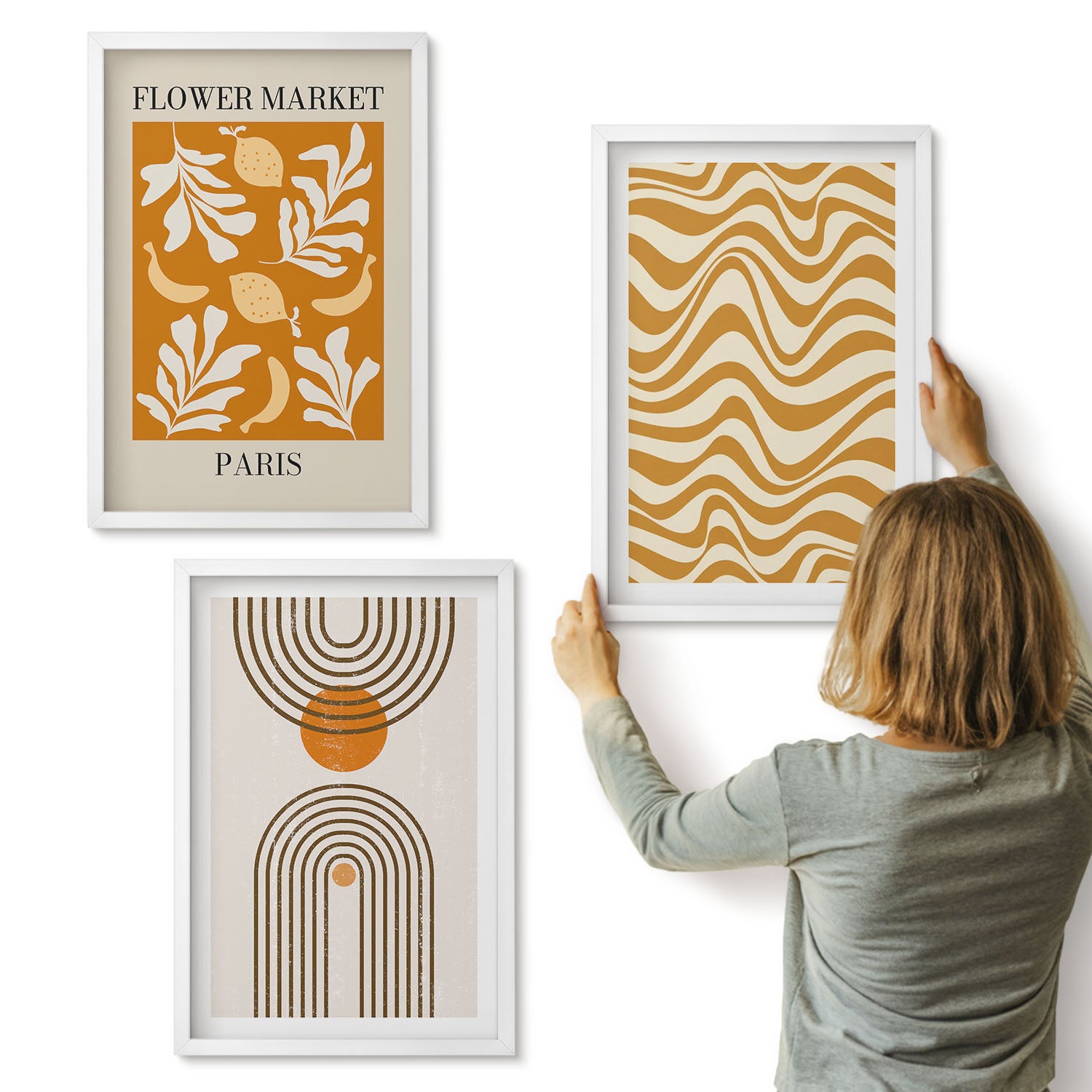 Galeria ścienna 3-częściowy komplet obrazów w białych ramach - Wzory roślinne i geometryczne modne postery - ArtPrintCave