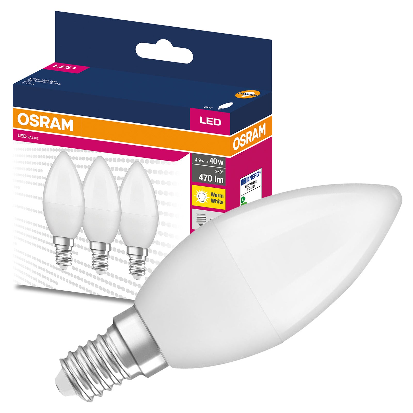 3x Żarówka LED B37 Świeczka E14 4.9 W = 40 W 470lm 2700K Ciepła biel 200st. VALUE CLASSIC Osram