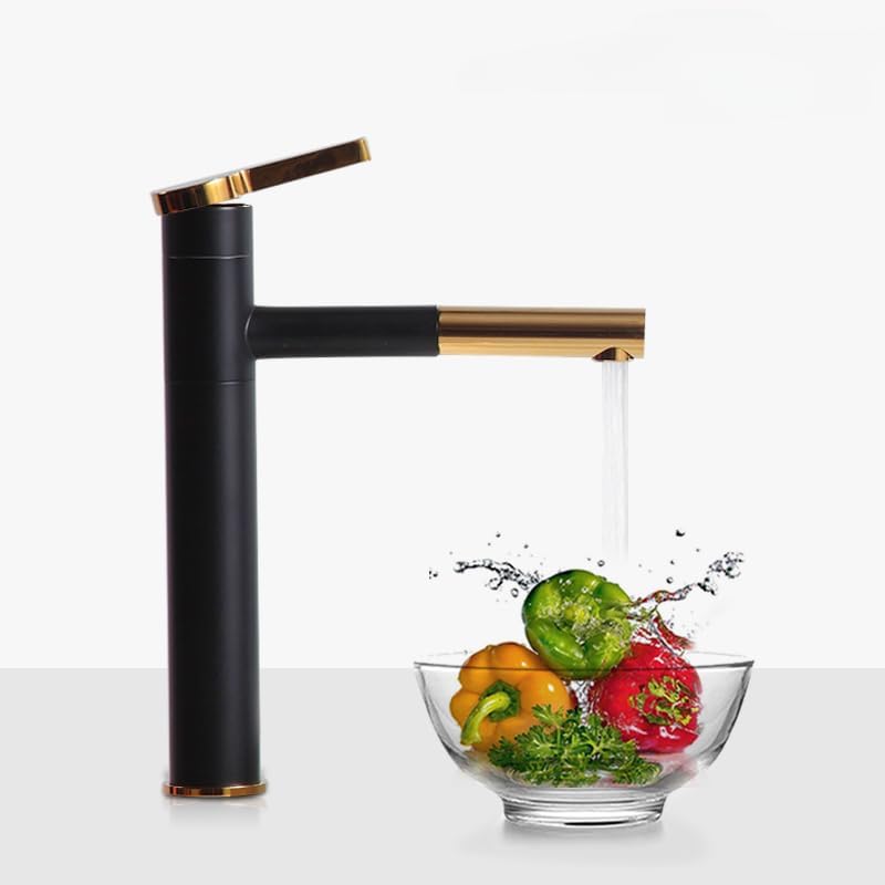 Bateria umywalkowa obrotowa + uchwyt do łazienki, elegancka, czarno-złota, wersja wysoka