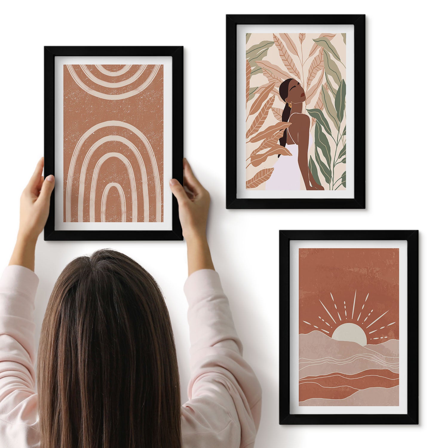 Galeria ścienna 3-częściowy komplet obrazów w czarnych ramach - Boho abstrakcyjne kształty i ilustracje - ArtPrintCave