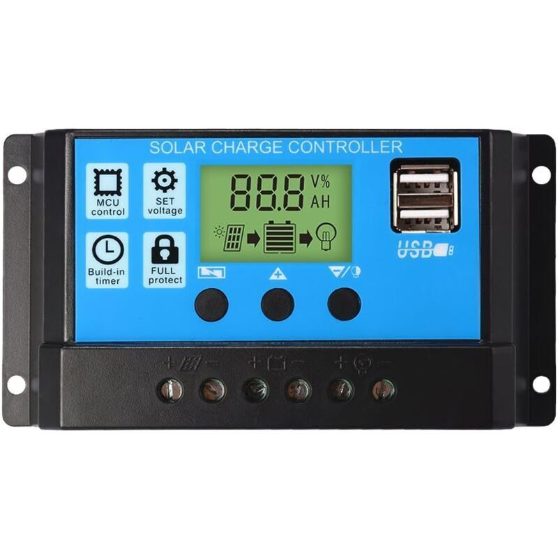 Regulator ładowania PWM z panelem słonecznym, 12 V/24 V, 30 A, wyświetlacz LCD, dwa porty USB--